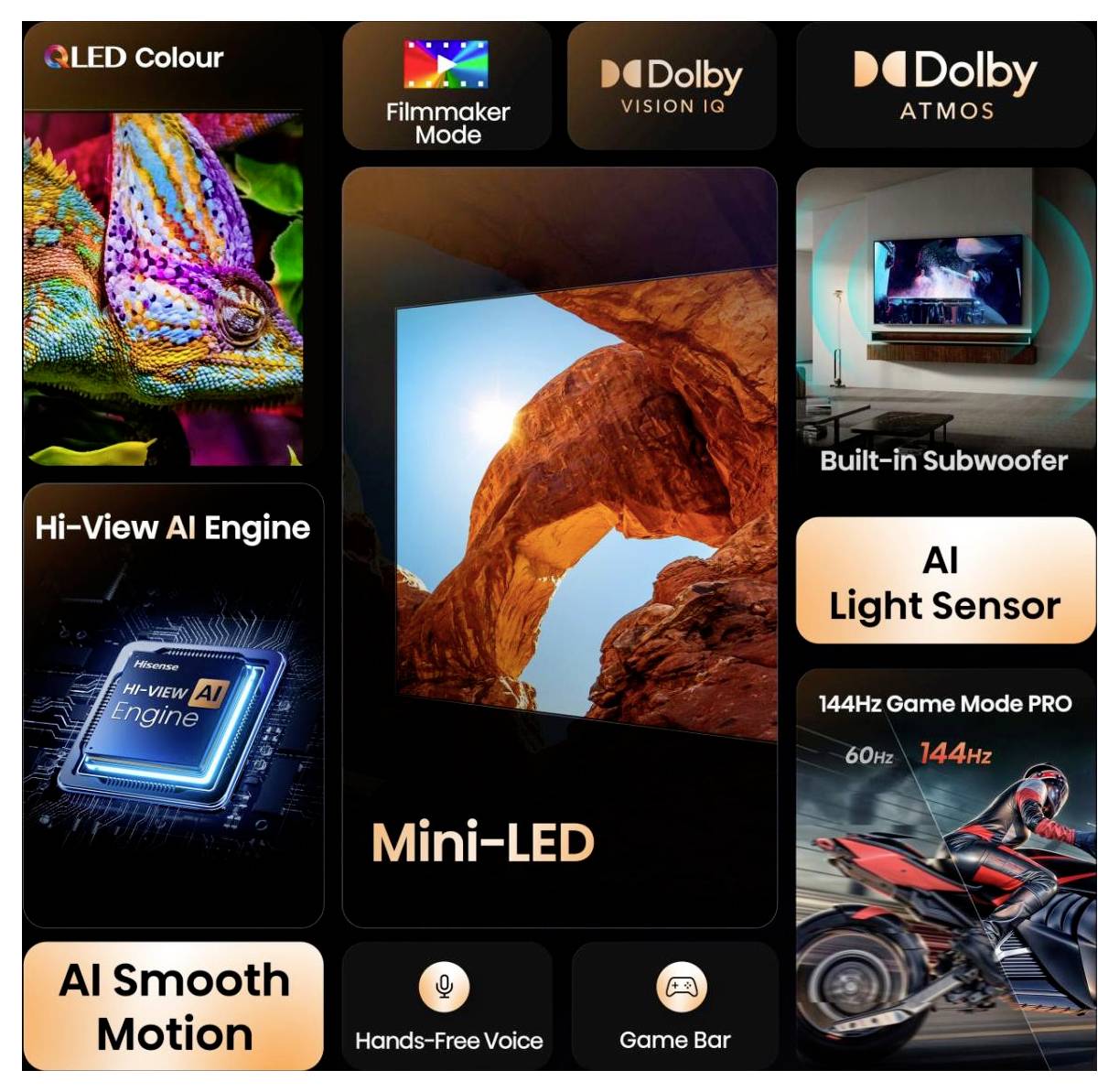 TV-Funktionen: QLED-Farbe, Filmmaker-Modus, Dolby Vision IQ und Atmos. Beinhaltet KI-Engine, Mini-LED, KI-Lichtsensor und mehr.