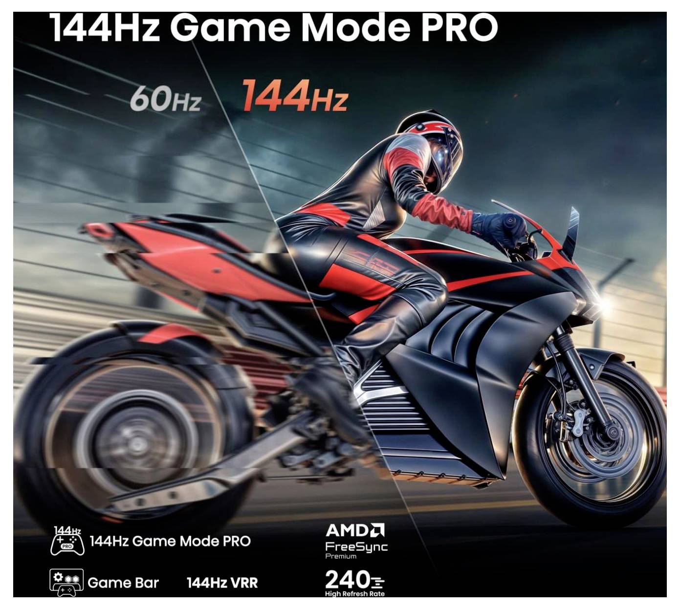 Ein Motorradfahrer fährt mit Geschwindigkeit, geteilt durch eine Linie, die links 60 Hz und rechts 144 Hz zeigt. Text lautet '144Hz Game Mode PRO'.