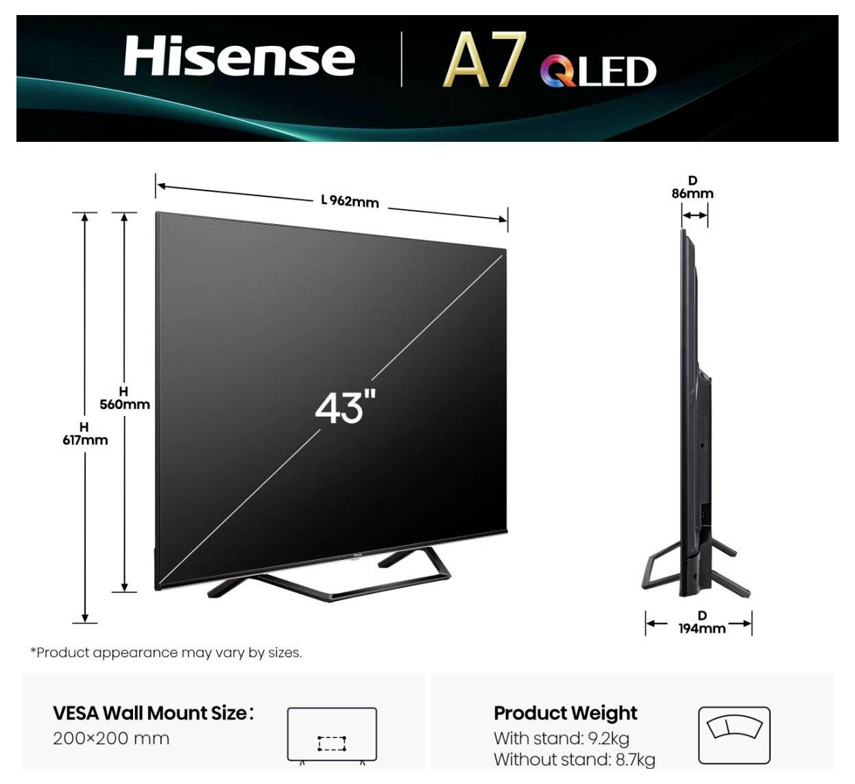 Hisense 43A7Q QLED-TV 108 cm 43 Zoll EEK E (A - G) DVB-T2, DVB-C, DVB-S2, UHD, Smart TV, WLAN Schwarz