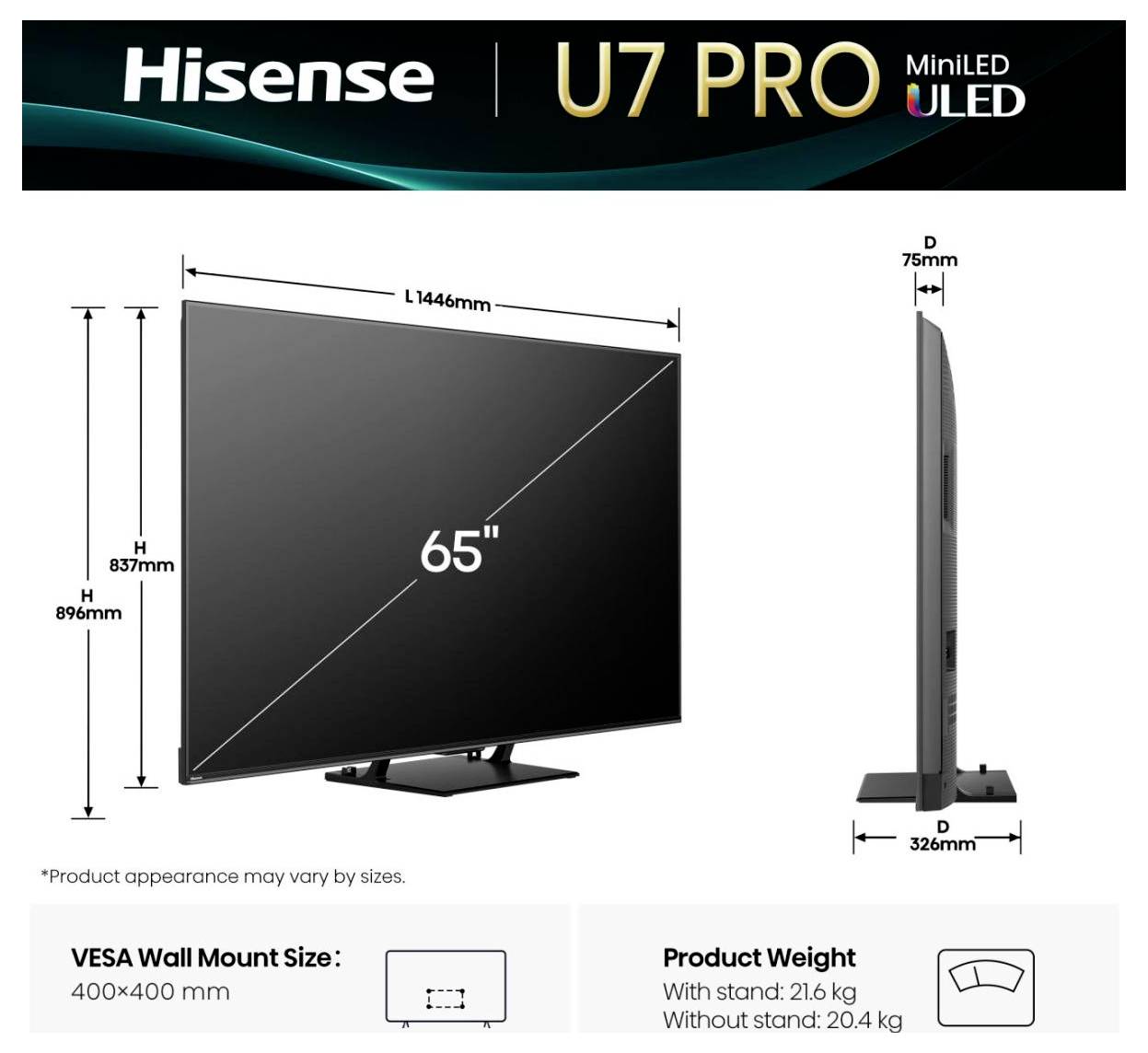 Hisense U7 PRO MiniLED-Fernseher mit einem 65-Zoll-Bildschirm. Abmessungen: 1446 mm Breite, 896 mm Höhe, 326 mm Tiefe inklusive Ständer. Gewicht: 21,6 kg mit Ständer.