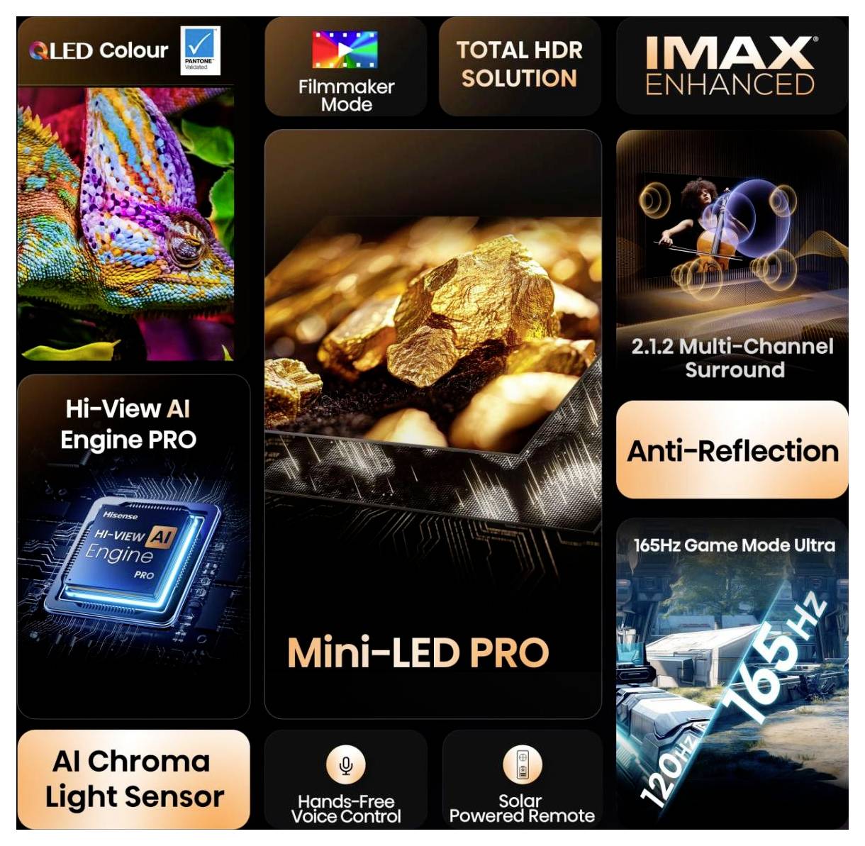 QLED Farbe, Filmemacher-Modus, Komplette HDR-Lösung, IMAX Enhanced, Hi-View KI-Motor PRO, Mini-LED PRO, 2.1.2 Multi-Kanal Surround, Reflexionsarm, KI Chroma Lichtsensor, 165Hz Spielmodus Ultra, Sprachsteuerung ohne Hände, Solarbetriebene Fernbedienung.
