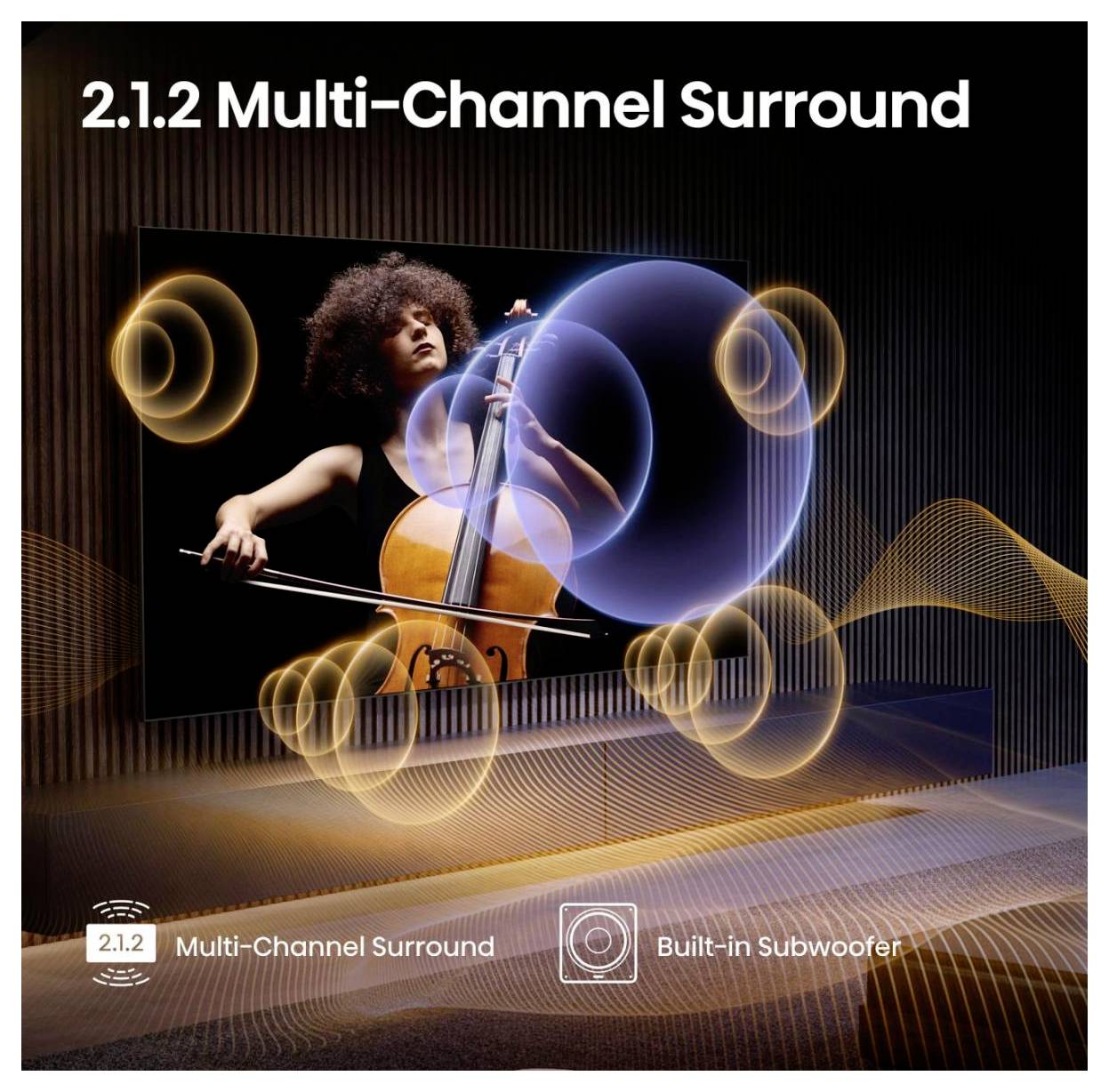 Eine Person spielt ein Cello auf einem Bildschirm und veranschaulicht '2.1.2 Multi-Channel Surround' mit hervorgehobenen Schallwellen und einem Symbol für einen integrierten Subwoofer.