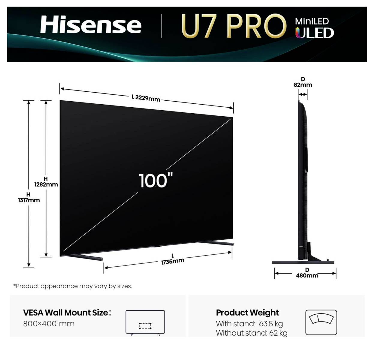 Hisense 100U7Q PRO LED-TV 253 cm 100 Zoll EEK D (A - G) DVB-T2, DVB-C, DVB-S2, UHD, Smart TV, WLAN Schwarz