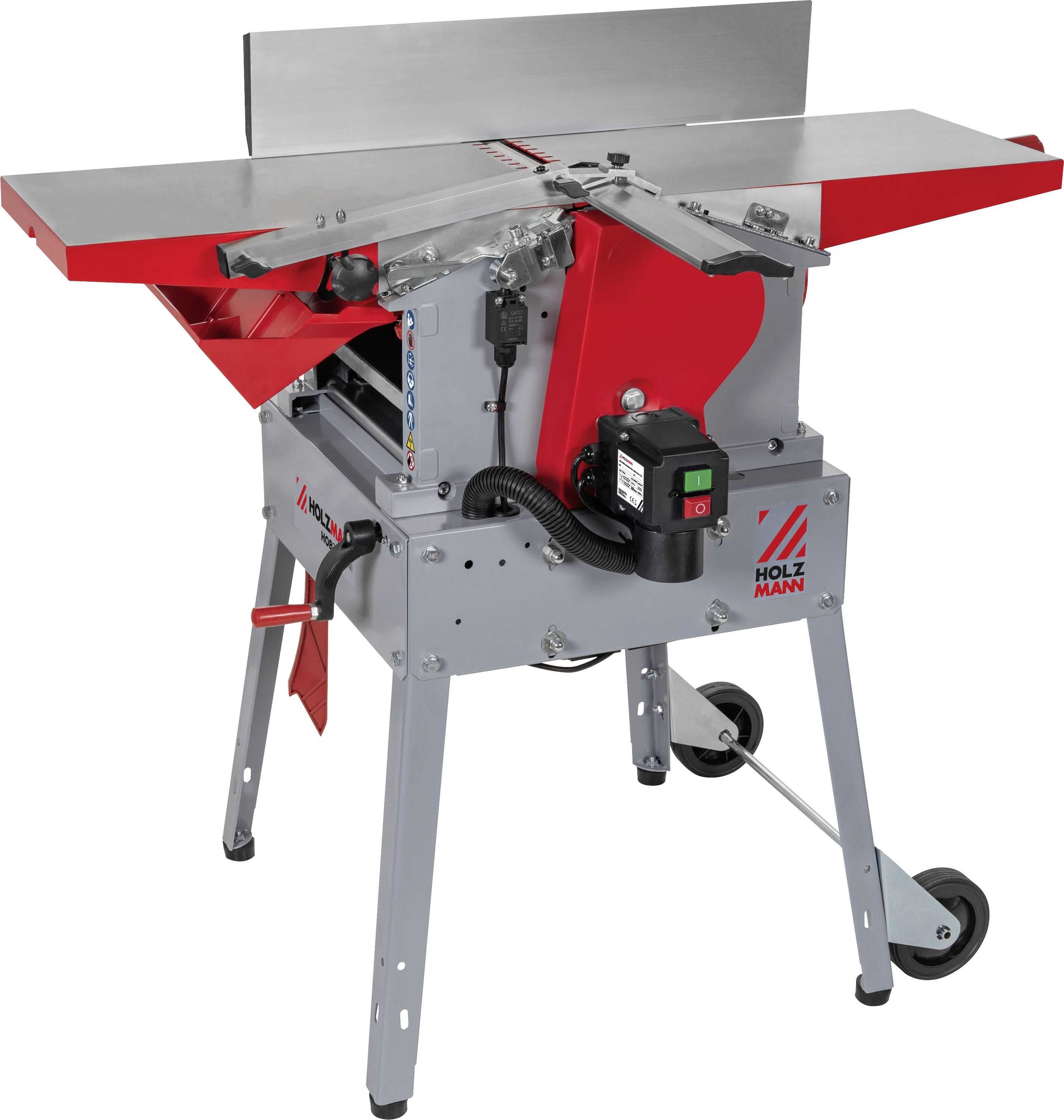 Eine rot und grau lackierte Hobelbankmaschine mit sichtbarem Motor und Fräskopf auf einem Metallständer, entwickelt zum Glätten von Holzoberflächen.