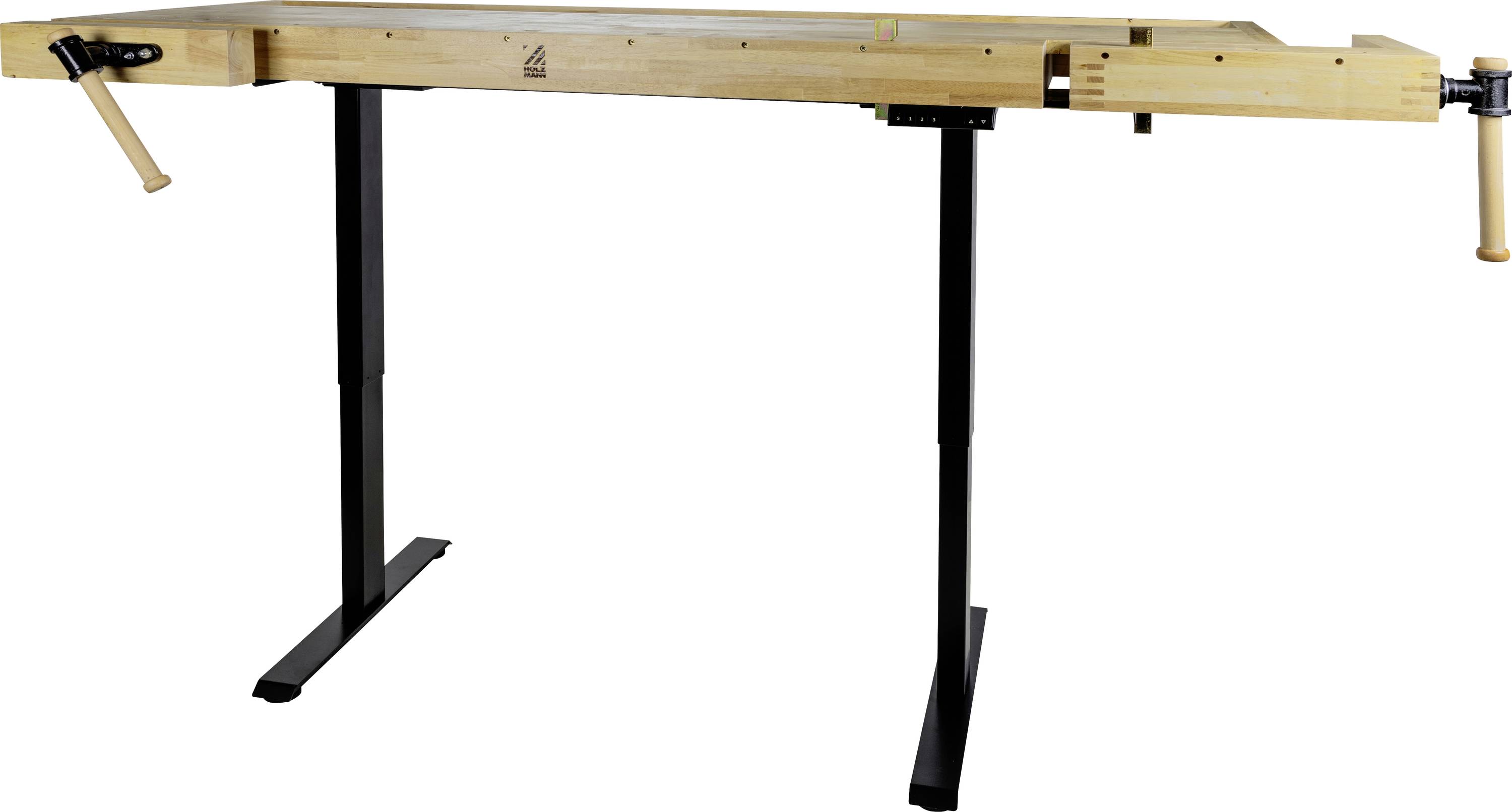 Eine Holzwerkbank mit schwarzen Metallbeinen verfügt über zwei Schraubstöcke an gegenüberliegenden Enden, die für Holzarbeiten konzipiert ist.