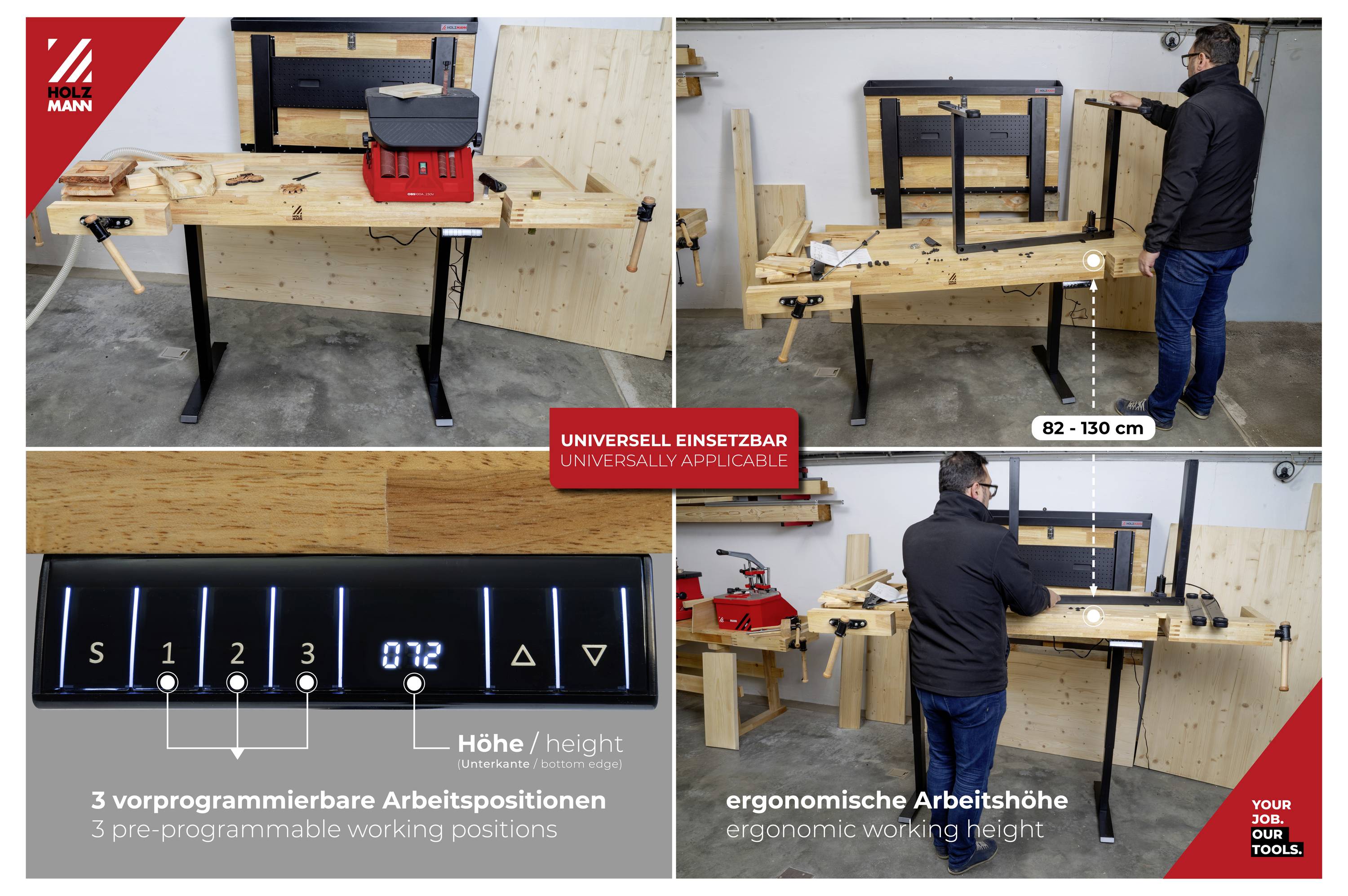 Werkstatteinrichtung mit Werkzeugen und Ausrüstung. Fokus auf einem verstellbaren Tisch mit 3 vorprogrammierten Höhen. Ausgestattet mit einer digitalen Anzeige.