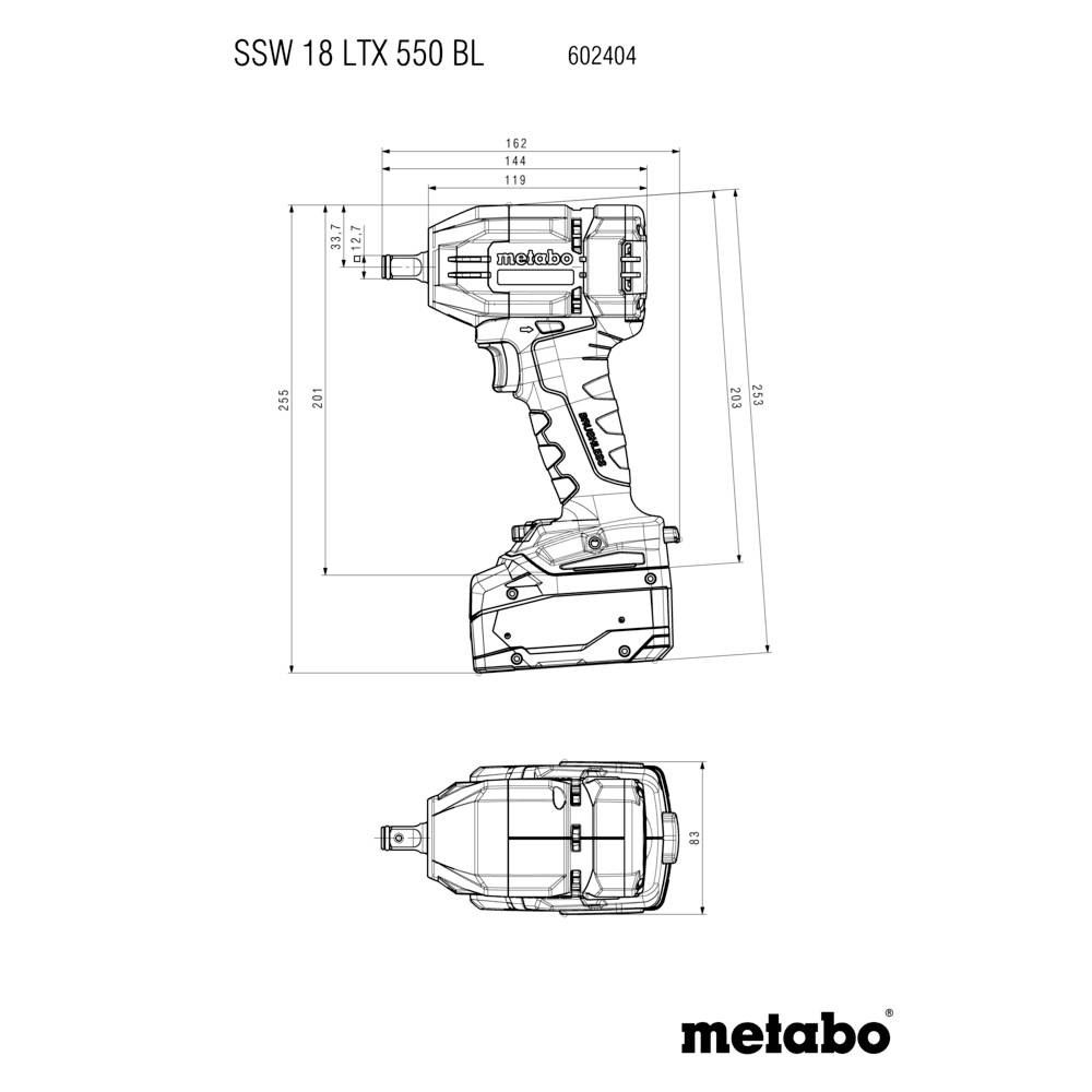 Technische Zeichnung des Metabo SSW 18 LTX 550 BL Schlagschraubers, Seiten- und Frontansicht mit Abmessungen in Millimetern.