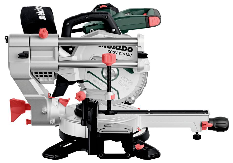 Eine Kapp- und Gehrungssäge mit einer Kreissägeblatt, ausgestattet mit einem ausziehbaren Arm und verschiedenen Einstellknöpfen, die für präzise Holzschnitttätigkeiten verwendet wird.