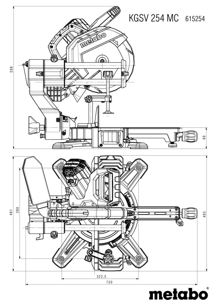 Technische Zeichnung einer Metabo KGSV 254 MC Säge, die Vorder- und Seitenansichten mit Maßangaben zur präzisen technischen Referenz zeigt.