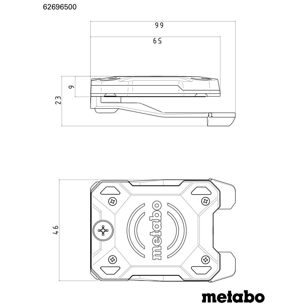 Technische Zeichnung eines Metabo-Werkzeugzubehörs. Draufsicht zeigt Abmessungen: 65 mm Breite, 99 mm Länge. Seitenansicht zeigt 9 mm Höhe.