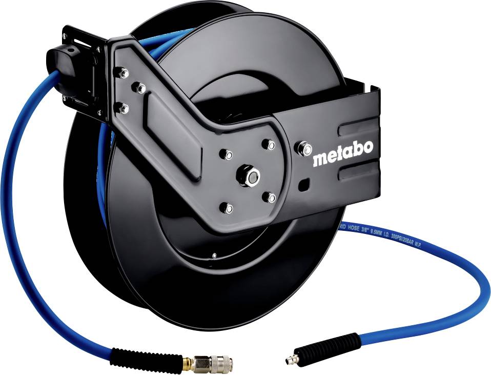 Eine schwarze Metabo automatische Luftschlauchaufroller mit einem blauen, teilweise abgewickelten Schlauch, die für die bequeme Lagerung und Ausgabe von Schläuchen konzipiert ist.