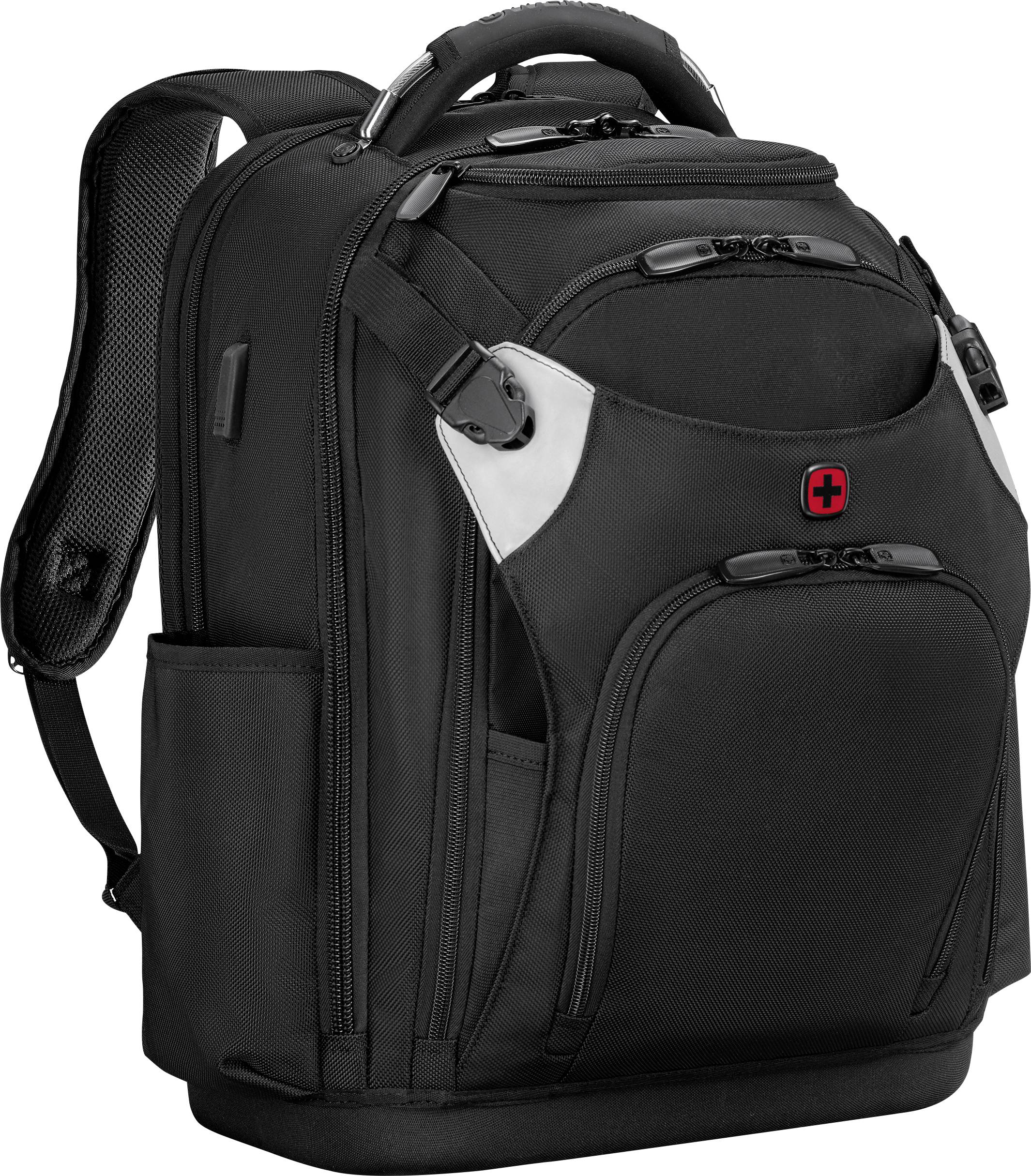 Ein schwarzer Rucksack mit mehreren Fächern und Reißverschlüssen, mit einem roten und schwarzen Kreuzlogo in der Mitte.