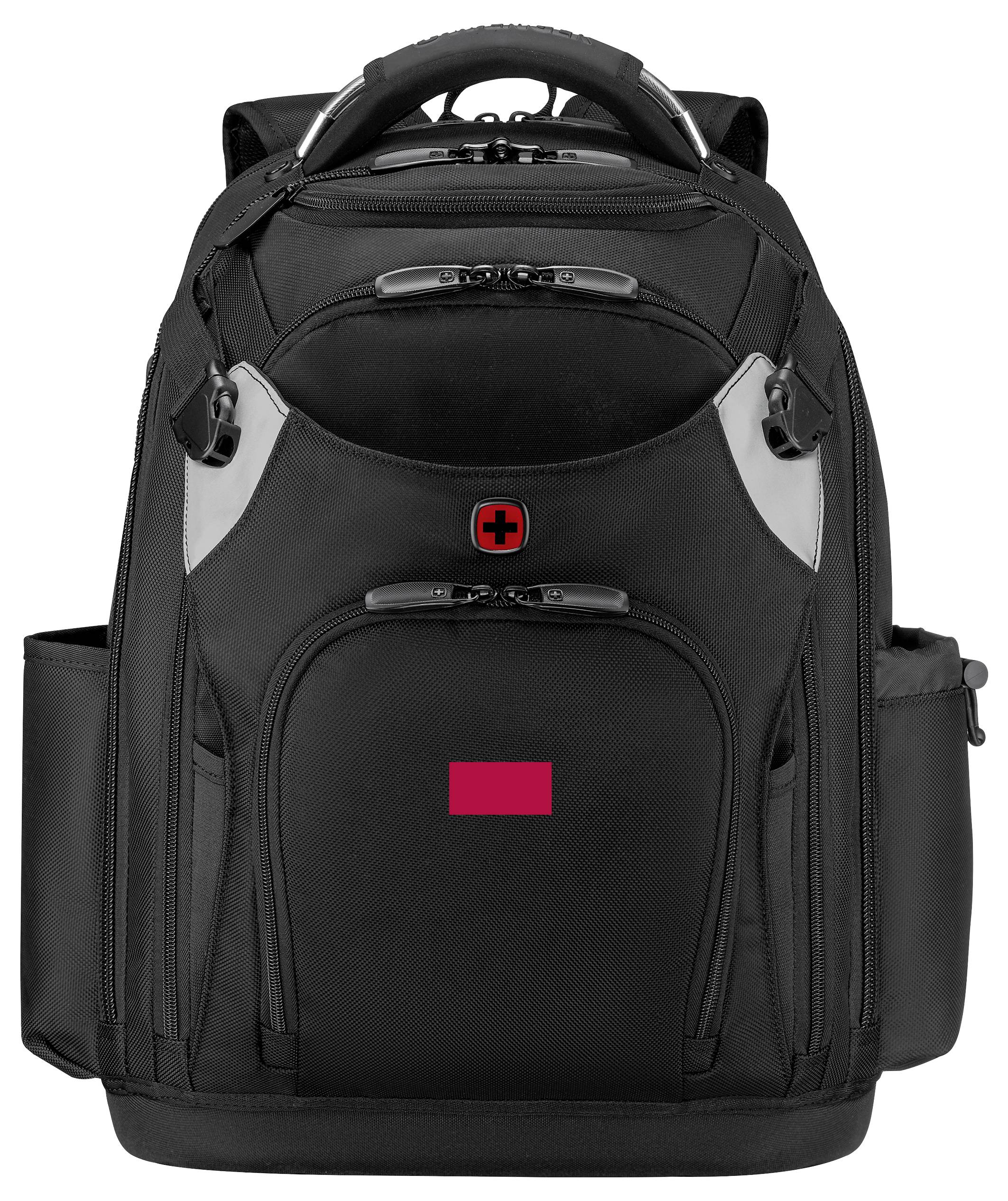 Ein schwarzer Rucksack mit mehreren Fächern, der auf der Vordertasche ein rotes Kreuz-Logo trägt, was auf ein medizinisches oder Notfall-Thema hindeutet.