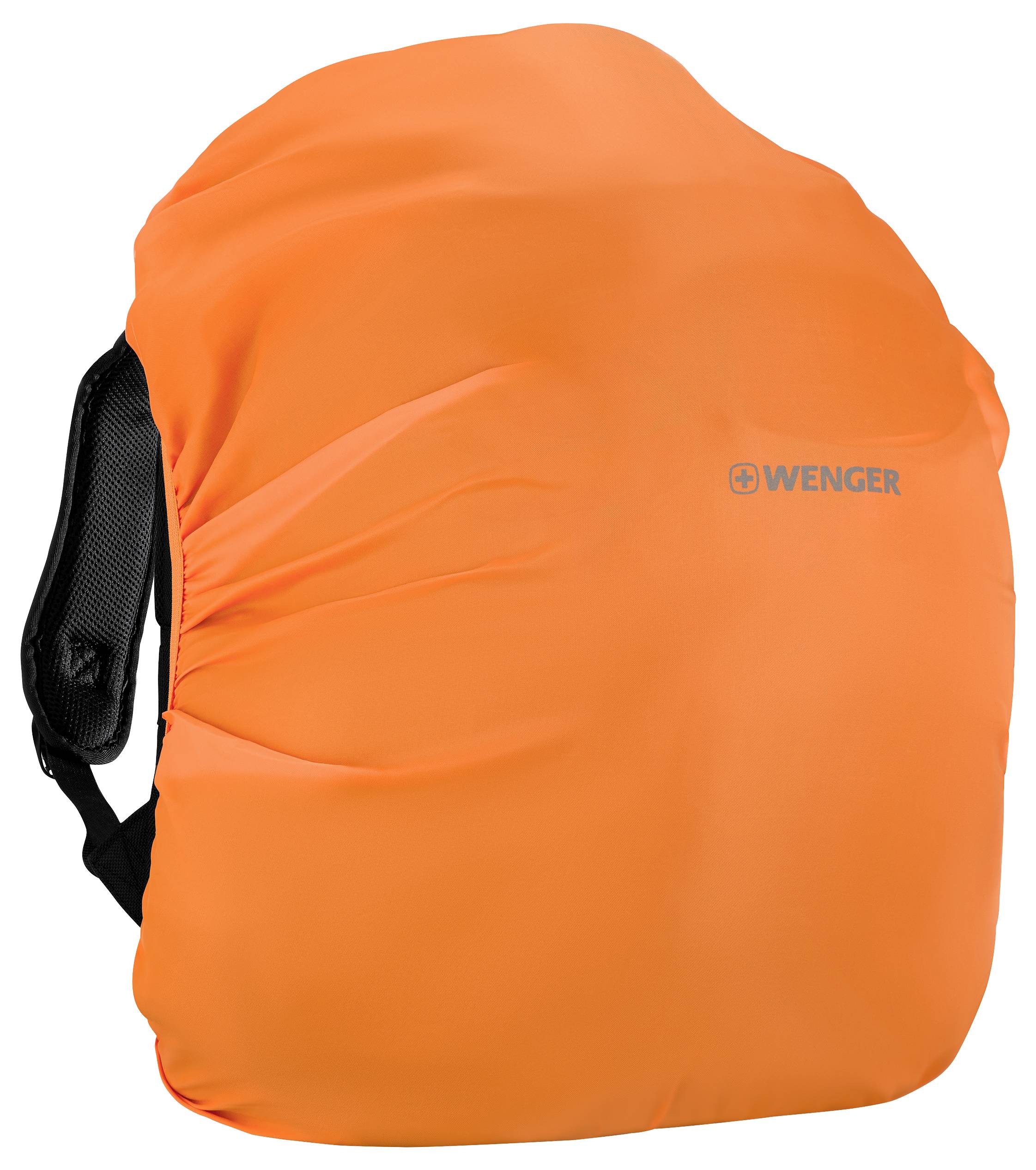 Ein orangefarbener Rucksack mit dem 'Wenger'-Logo auf der Vorderseite, mit einem gepolsterten Träger, der auf der linken Seite sichtbar ist.