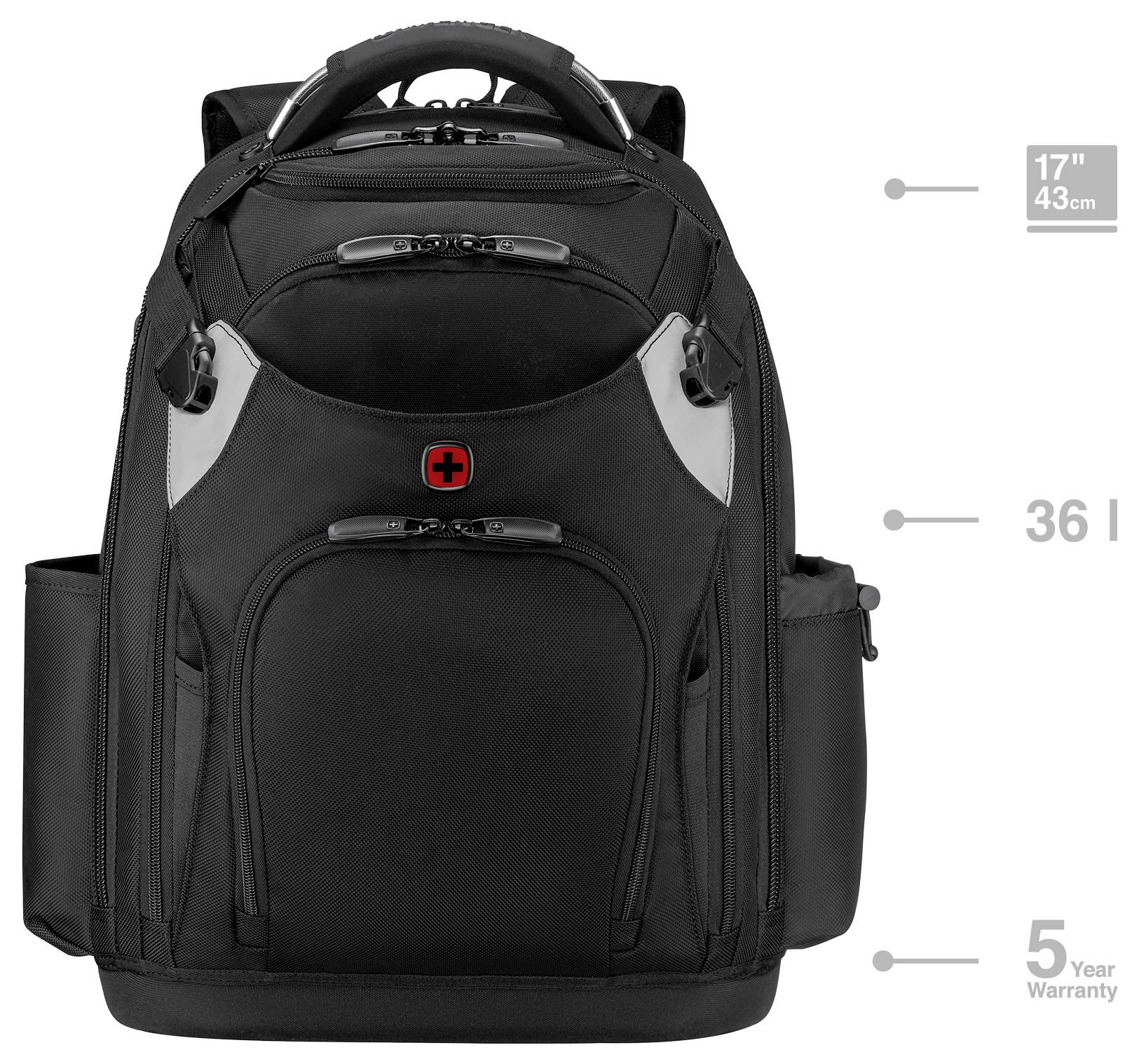 Schwarzer Rucksack mit Swissgear-Logo, Abmessungen 17