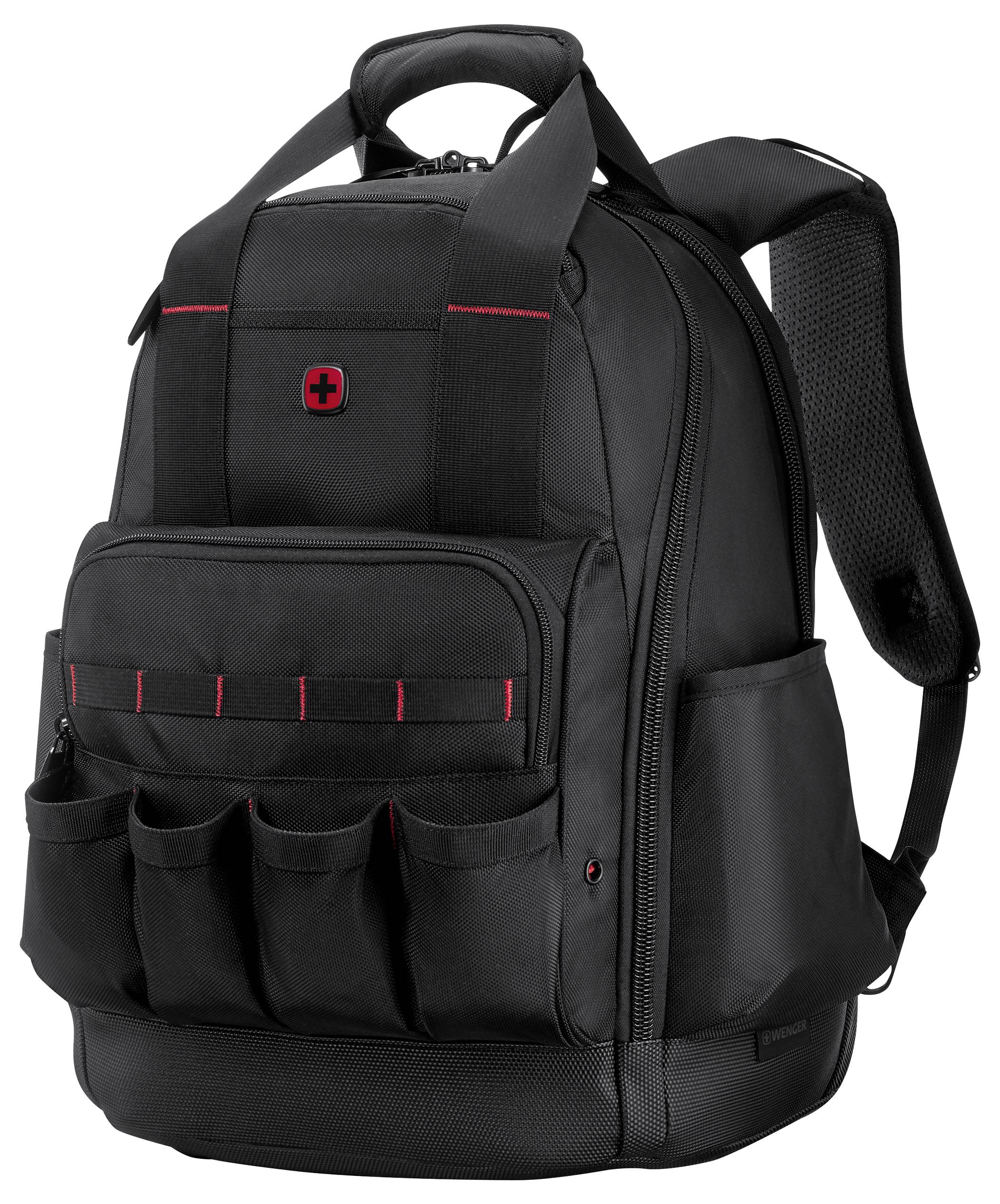 Ein schwarzer Rucksack mit roten Akzenten, ausgestattet mit mehreren Taschen und Fächern. Entwickelt für praktische Nutzung und einfache Organisation.