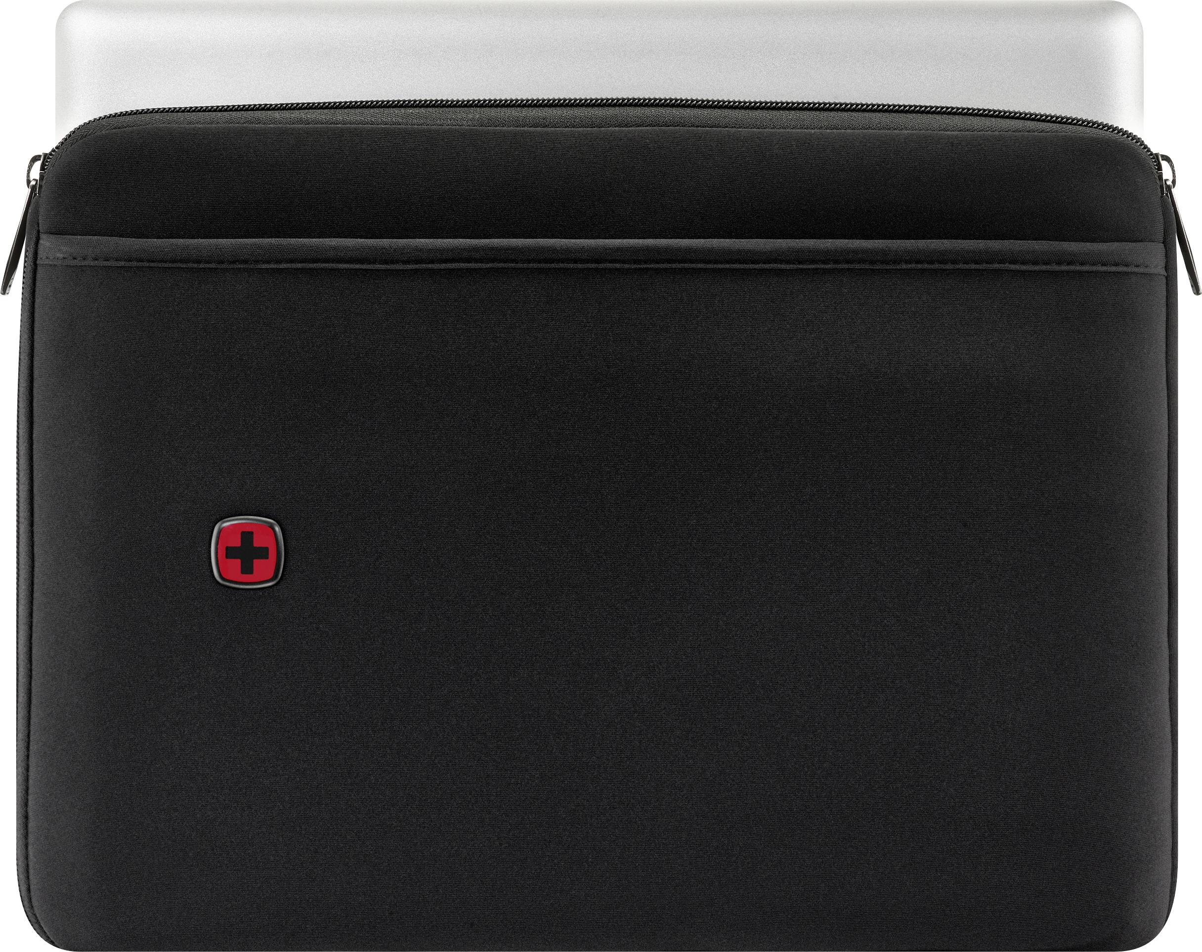 Eine schwarze Laptophülle mit einem roten Kreuz-Logo auf der Vorderseite. Ein silberner Laptop ist teilweise im Inneren der Hülle sichtbar.