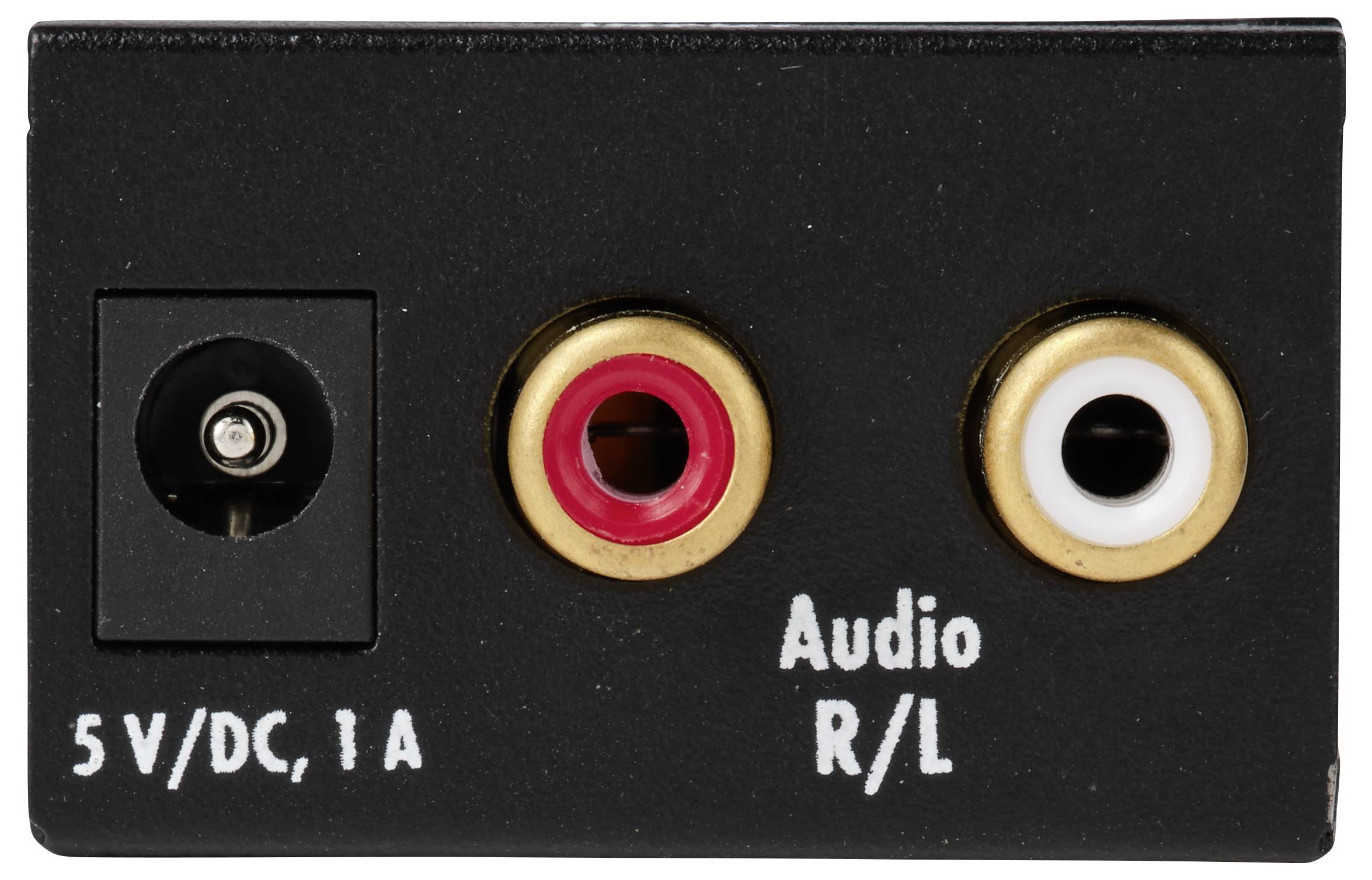 Audioeingangs-/Ausgabeanschlüsse auf der Rückseite: eine 5V-Gleichstrom-Stromversorgungsbuchse und rote/weiße RCA-Stecker mit der Beschriftung „Audio R/L