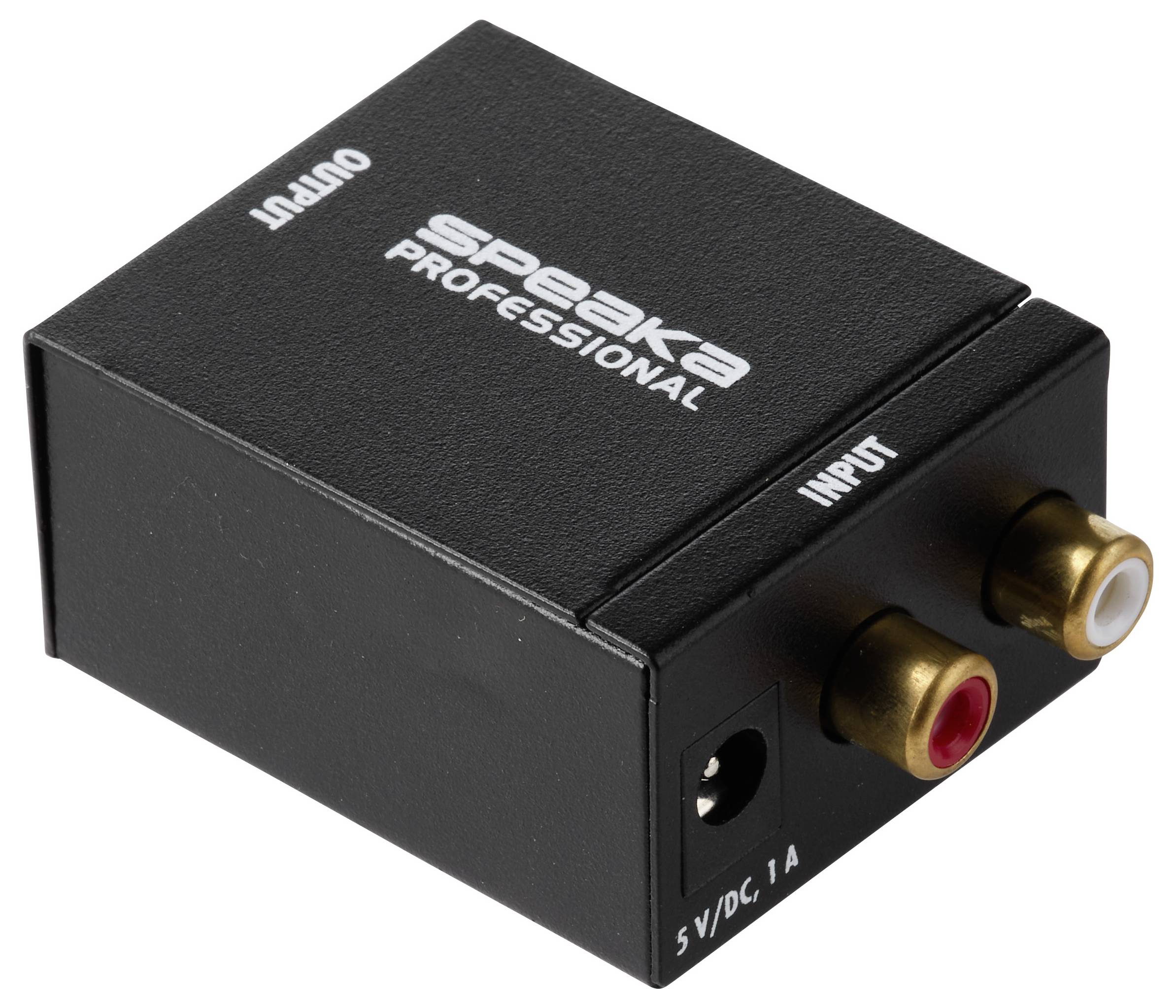 Black Speaka Professional Audio-Konverterbox mit RCA-Eingangsbuchsen, Ausgangsport und 5V-DC-Stromversorgungskennzeichnung.