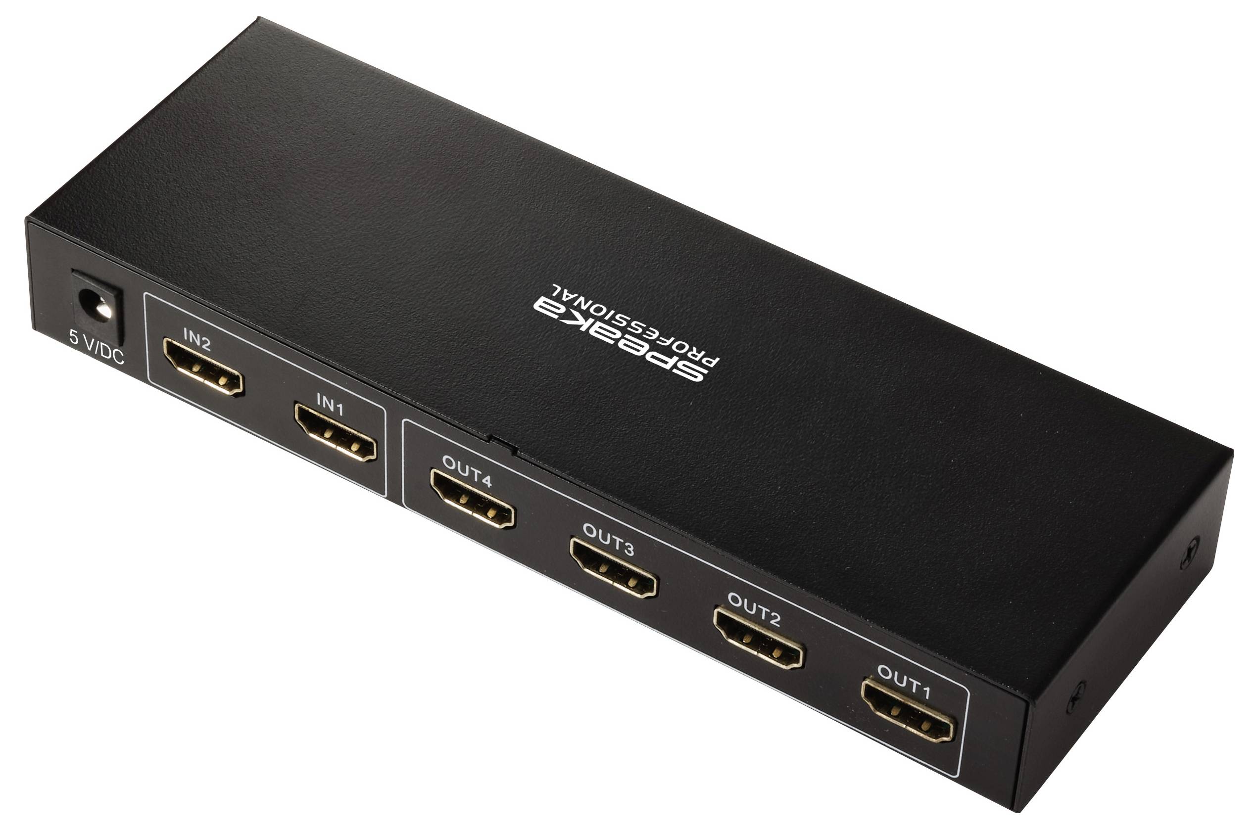 Ein schwarzer 4K-HDMI-Splitter mit vier Ausgängen und zwei Eingängen, auf der Oberseite mit „SpeaKa Professional