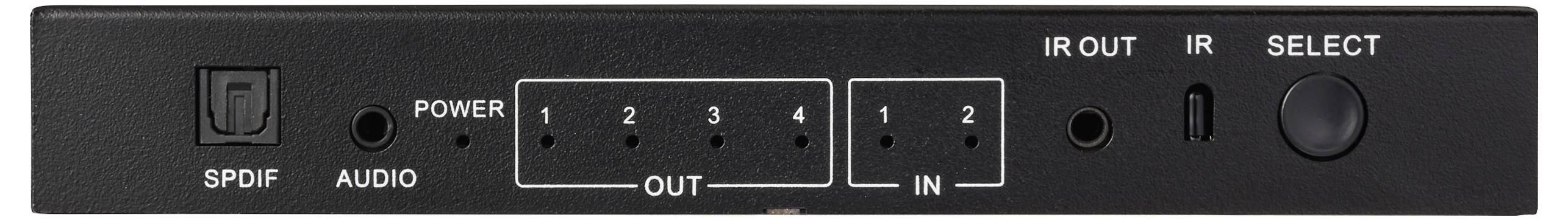 Audioschalterpanel mit SPDIF, Netzschalter, Audio-Out mit Beschriftung 1-4, Audio-In mit Beschriftung 1-4, IR-Out- und IR-In-Anschlüsse sowie Auswahlschaltfläche.