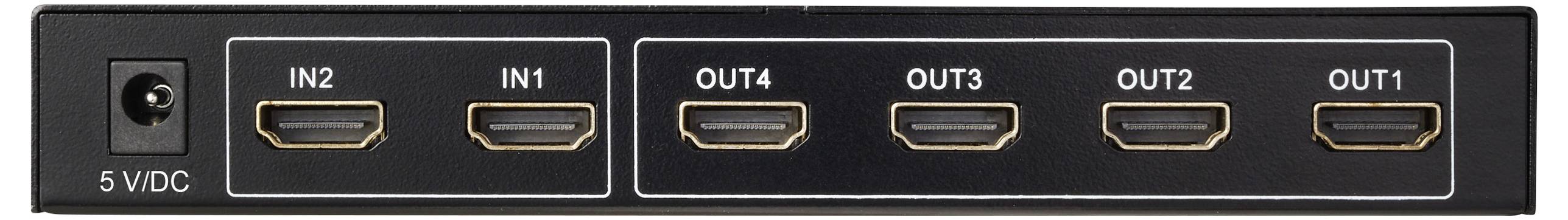 HDMI-Schalter mit 5V DC-Eingang, mit zwei Eingängen mit den Bezeichnungen IN1, IN2 und vier Ausgängen mit den Bezeichnungen OUT1, OUT2, OUT3, OUT4.