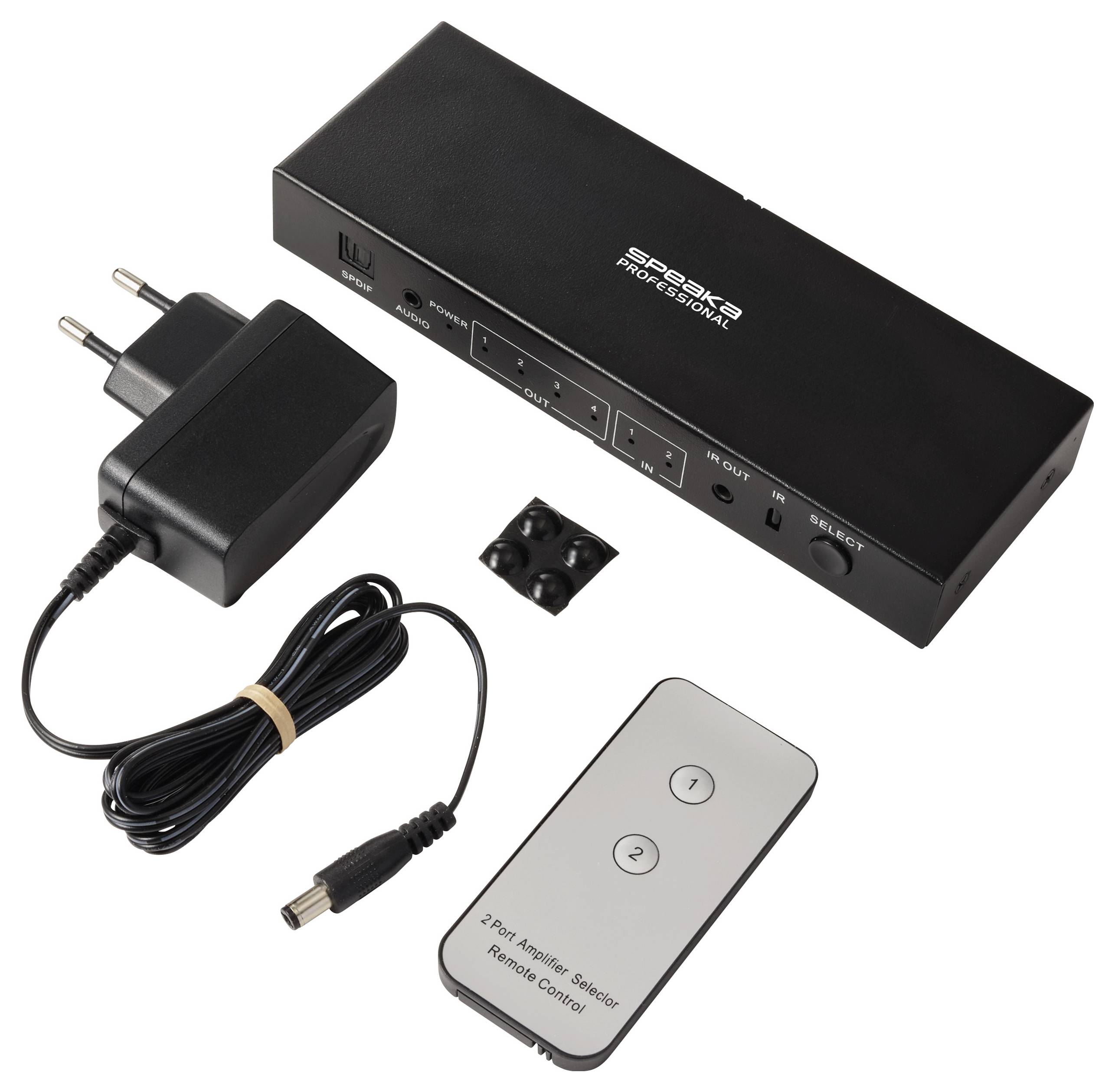 'PROZOR PHONO PREAMP PP500L' mit Netzteil, Fernbedienung und Taste. Eingang für Plattenspieler, Ausgang für Verstärker.