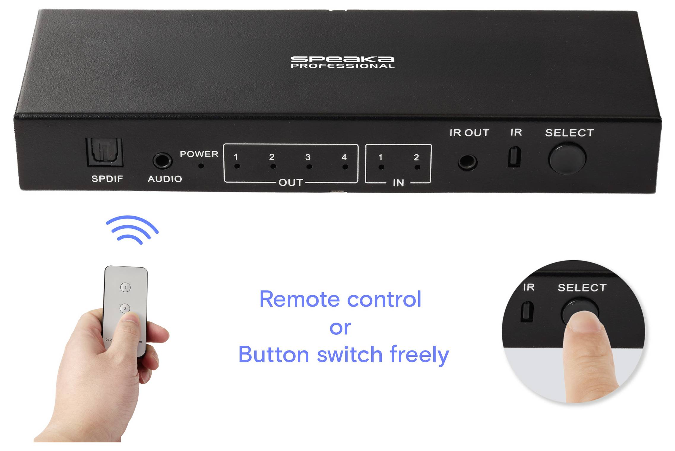 Ein schwarzer Multimedia-Schalter mit SPDIF-, Audio-, IR-Ein- und Ausgängen; mit Fernbedienung und Druckschalter-Optionen zur Auswahl.