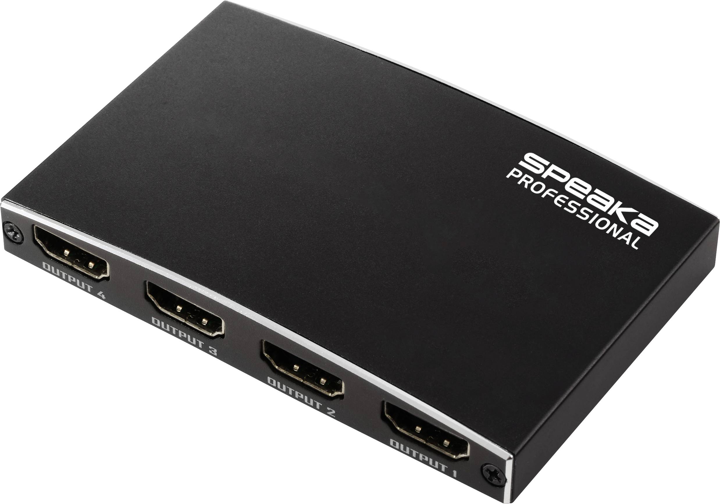 Ein schwarzer HDMI-Splitter mit vier Ausgabeports, beschriftet mit 'AUSGABE 1' bis 'AUSGABE 4', und der Markenname 'Speaka Professional' auf der Oberseite.