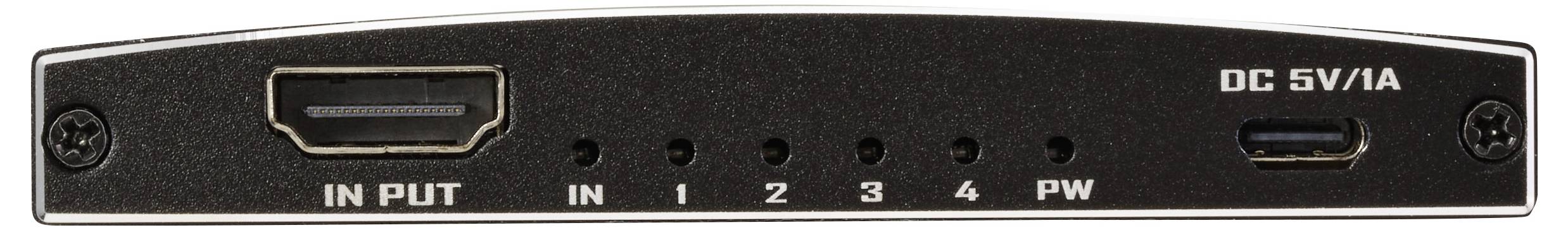 Ein schwarzes elektronisches Gerät mit Frontseite, HDMI-Eingang und USB-Anschluss mit der Beschriftung 