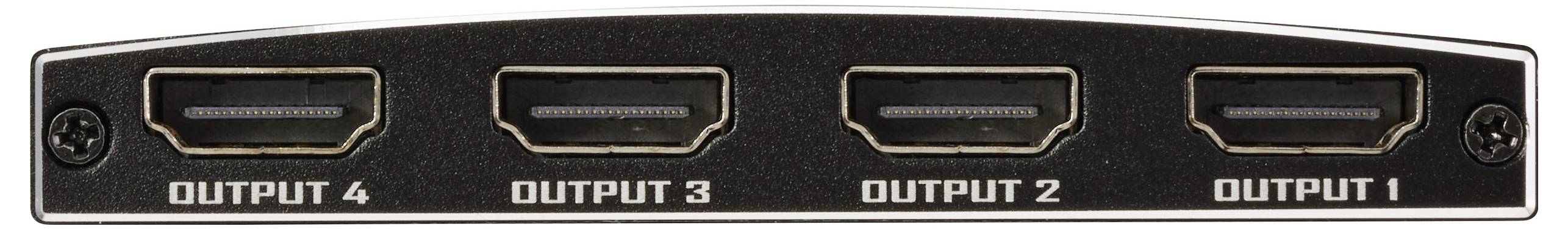 Eine Nahaufnahme eines Vier-Port-Videosplitters mit beschrifteten HDMI-Ausgängen: 'Ausgang 4', 'Ausgang 3', 'Ausgang 2' und 'Ausgang 1'.