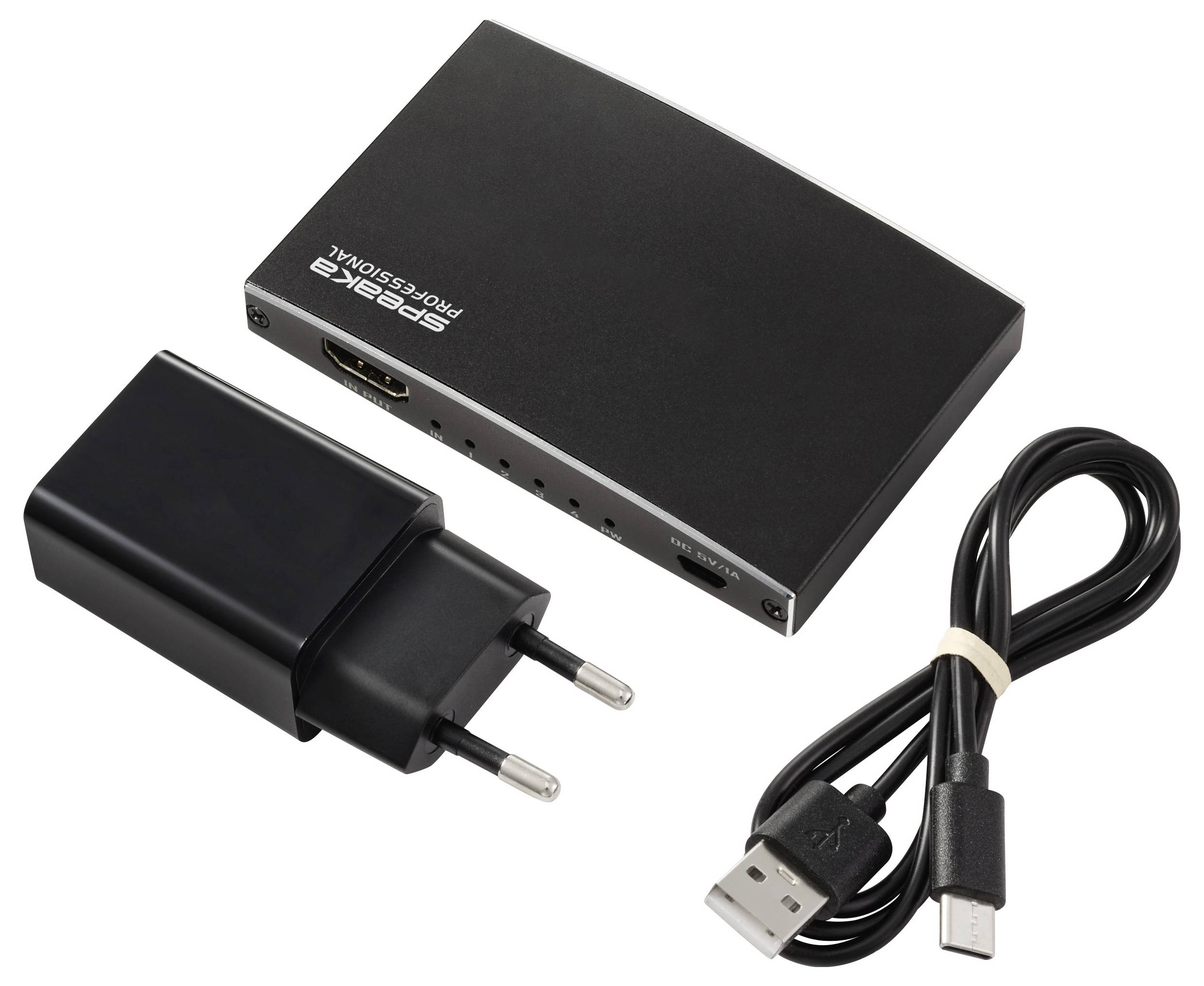 '4K HDMI-Verlängerung' Gerät mit einem europäischen Steckernetzteil und einem USB-Kabel.