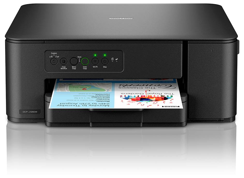 Ein schwarzer Multifunktions-Tintenstrahldrucker, der ein farbiges Dokument mit Grafiken und Text druckt. Das Bedienfeld zeigt verschiedene Funktionstasten.