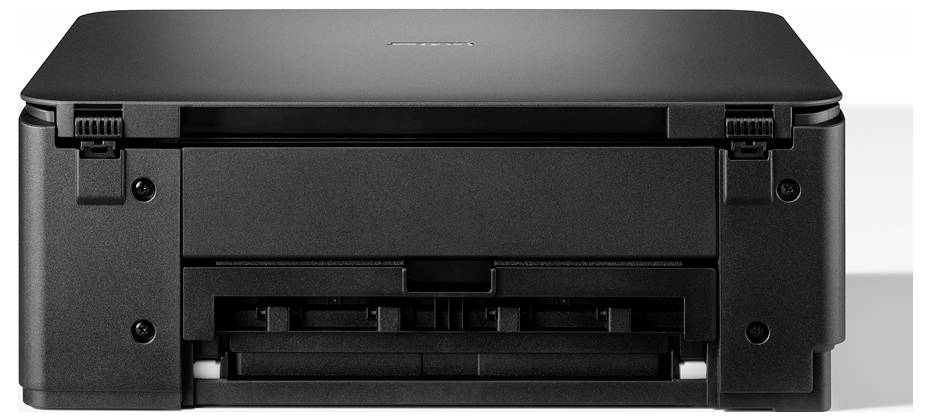 Ein schwarzer Drucker mit frontaler Ladeöffnung, geeignet für Büro- oder Heimgebrauch.