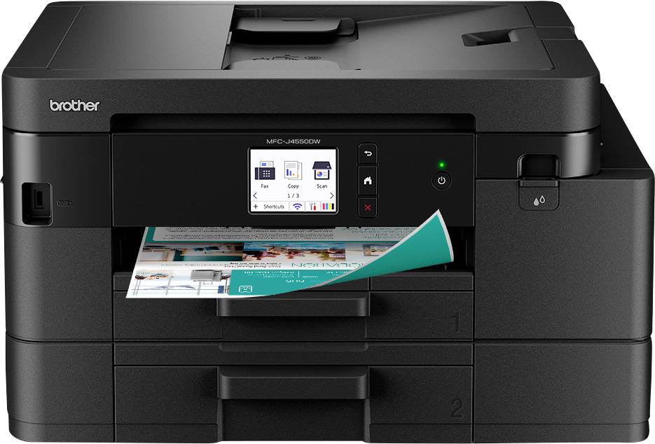 Ein schwarzer Multifunktionsdrucker mit digitalem Display druckt ein Farbdokument und zeigt einen sichtbaren Mehrzweckschacht sowie Bedienungstasten.