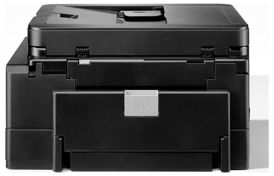 Ein schwarzer Bürodrucker mit einem Papierfachschlitz an der Vorderseite, der ein klares und kompaktes Design aufweist und sich für professionelle Umgebungen eignet.