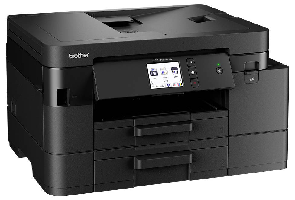 Ein schwarzer Multifunktionsdrucker mit einem LCD-Display, das den Druckerstatus anzeigt, dem Markennamen in der linken oberen Ecke und zwei Papierfächern darunter.