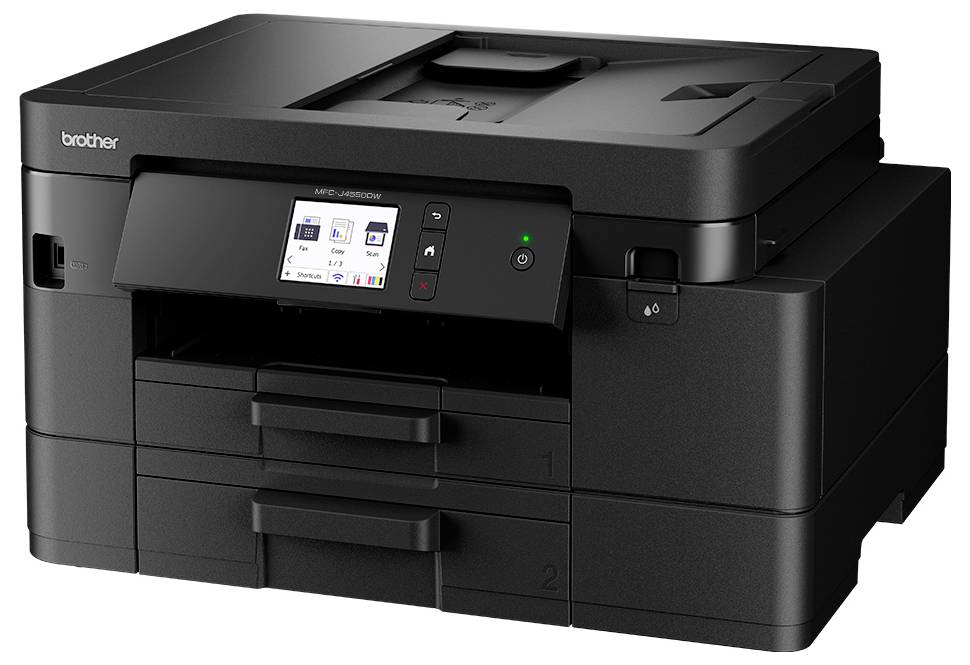 Ein schwarzer Multifunktionsdrucker mit Touchscreen-Display wird gezeigt, der mehrere Papierfächer und eine Markierung in der linken oberen Ecke aufweist.