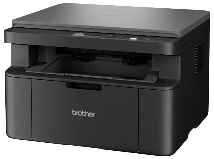 Schwarzer Multifunktionsdrucker mit einem Dokumenteneinzug oben und einem Papierfach vorne, mit der Beschriftung 