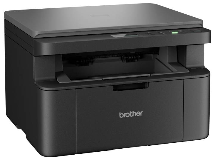Ein schwarzer Brother Multifunktionsdrucker mit einem oberen Scannerbügel und einem vorderen Ausgabefach, mit Bedienungstasten in der oberen rechten Ecke.