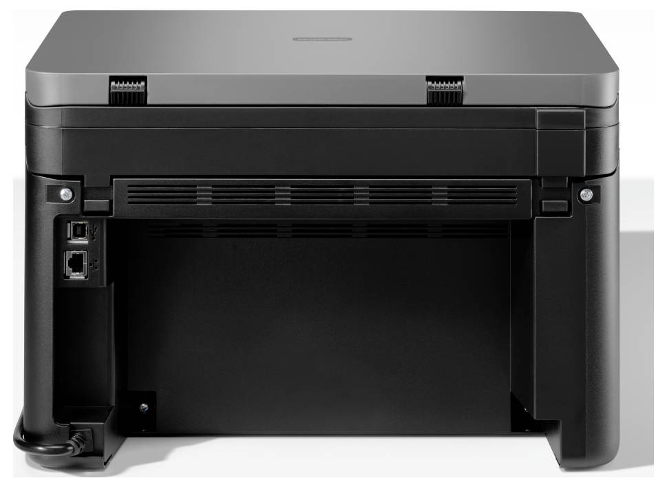 Das Bild zeigt die Rückseite eines Multifunktionsdruckers mit verschiedenen Anschlüssen für Netzwerk- und Stromkabelverbindungen.