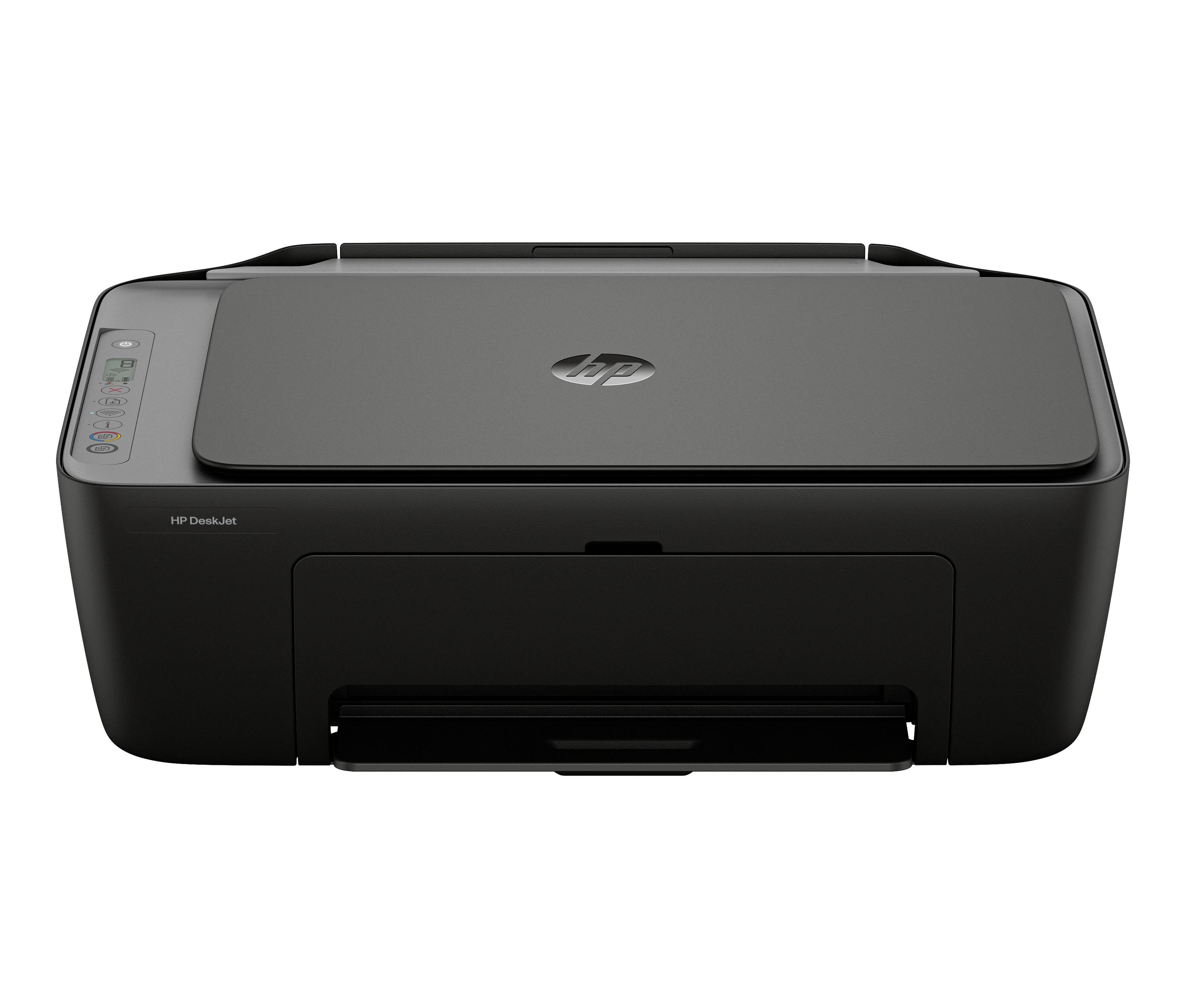 Schwarzer HP DeskJet Drucker mit vorderer Papierkassette und oberer Bedienleiste, dargestellt auf weißem Hintergrund.