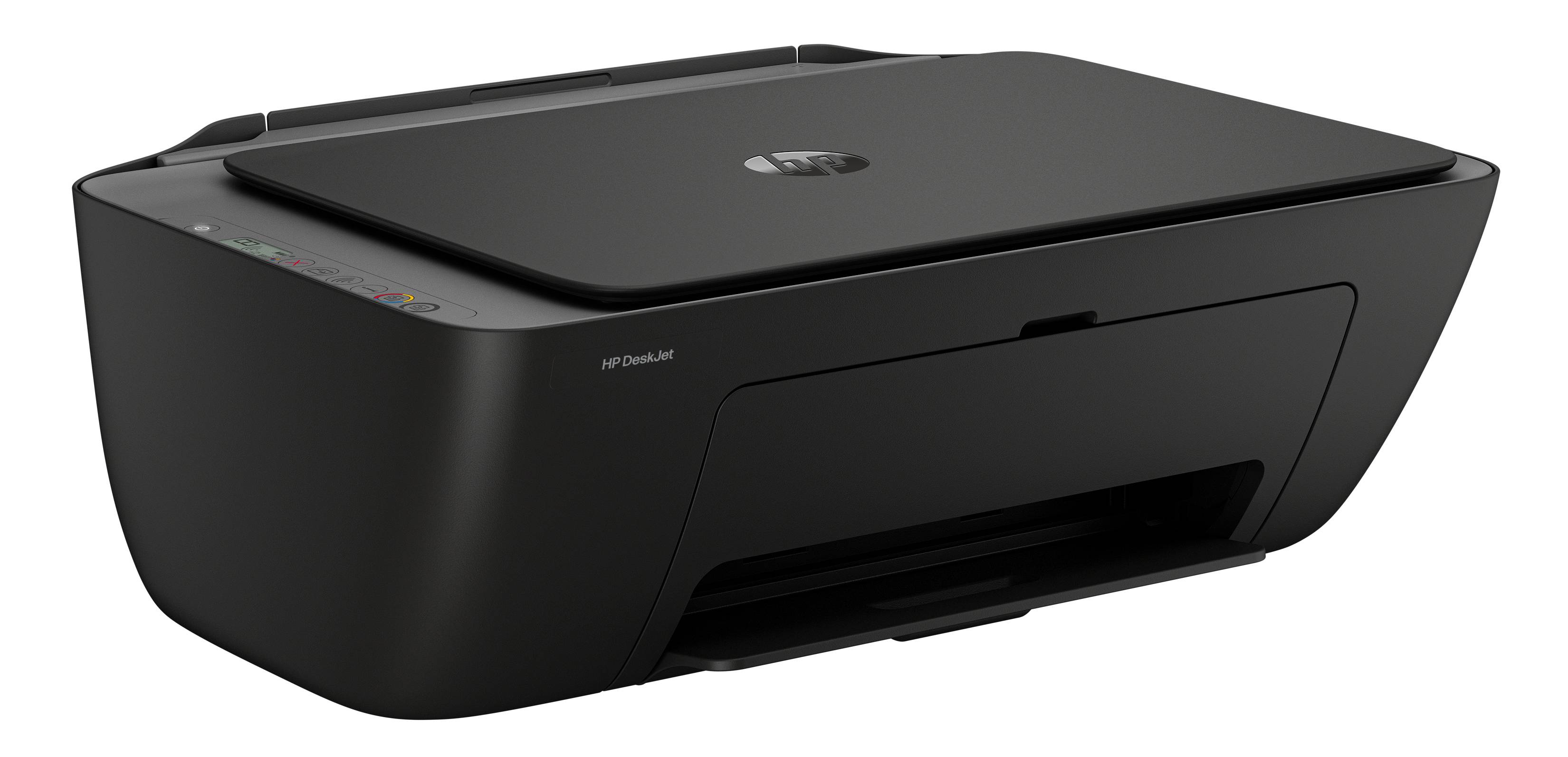 Ein schwarzer All-in-One-Tischdruckern mit einem obenliegenden Scannerbett, Steuertasten auf der linken Seite und einem vorderen Papierausgabefach.