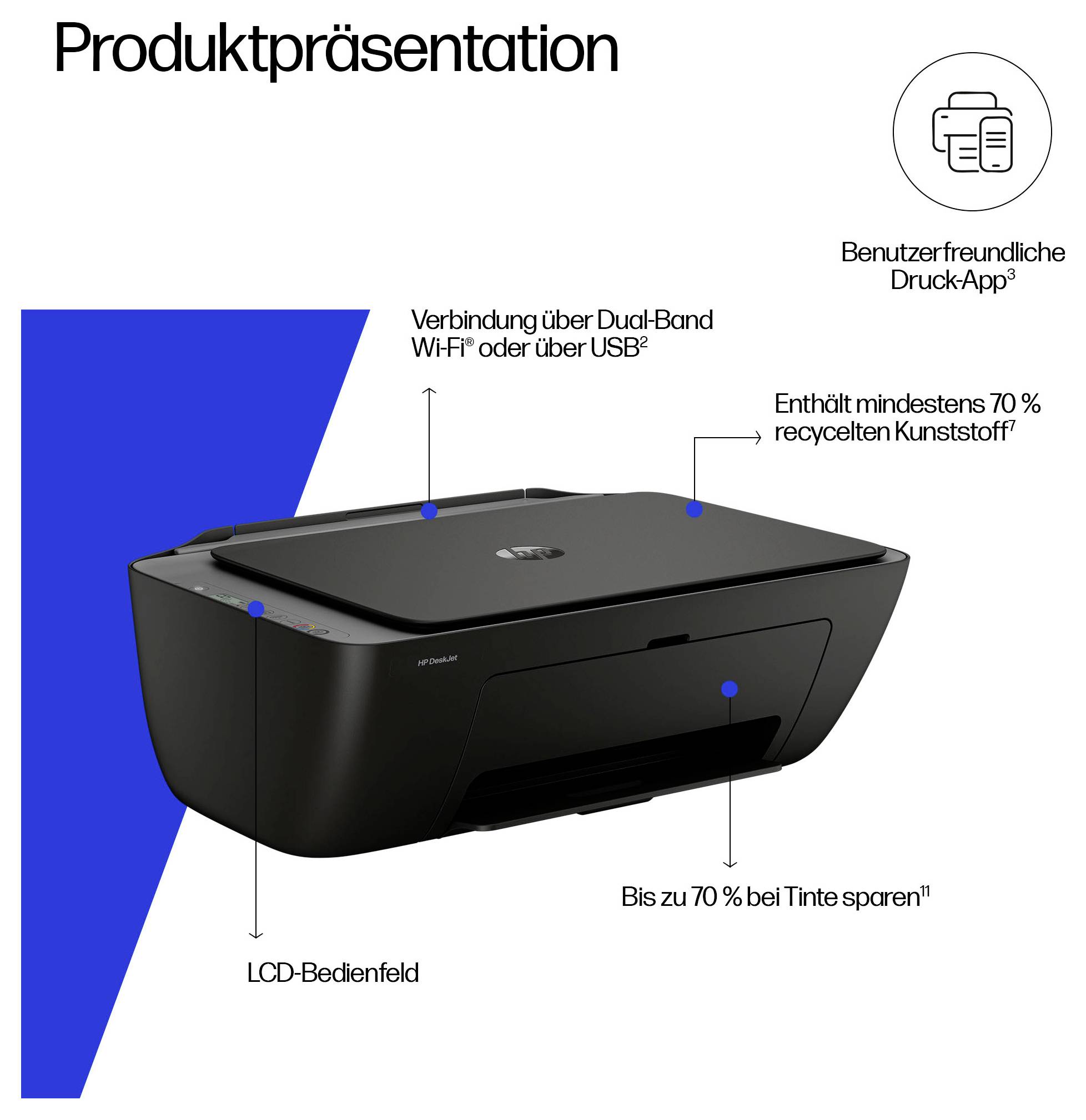 Produktpräsentation eines schwarzen Multifunktionsdruckers mit Hinweisen auf Dual-Band-Wi‑Fi oder USB, LCD-Bedienfeld, Druck-App und mindestens 70 % recycelten Kunststoff; bis zu 70 % Tinte sparen.