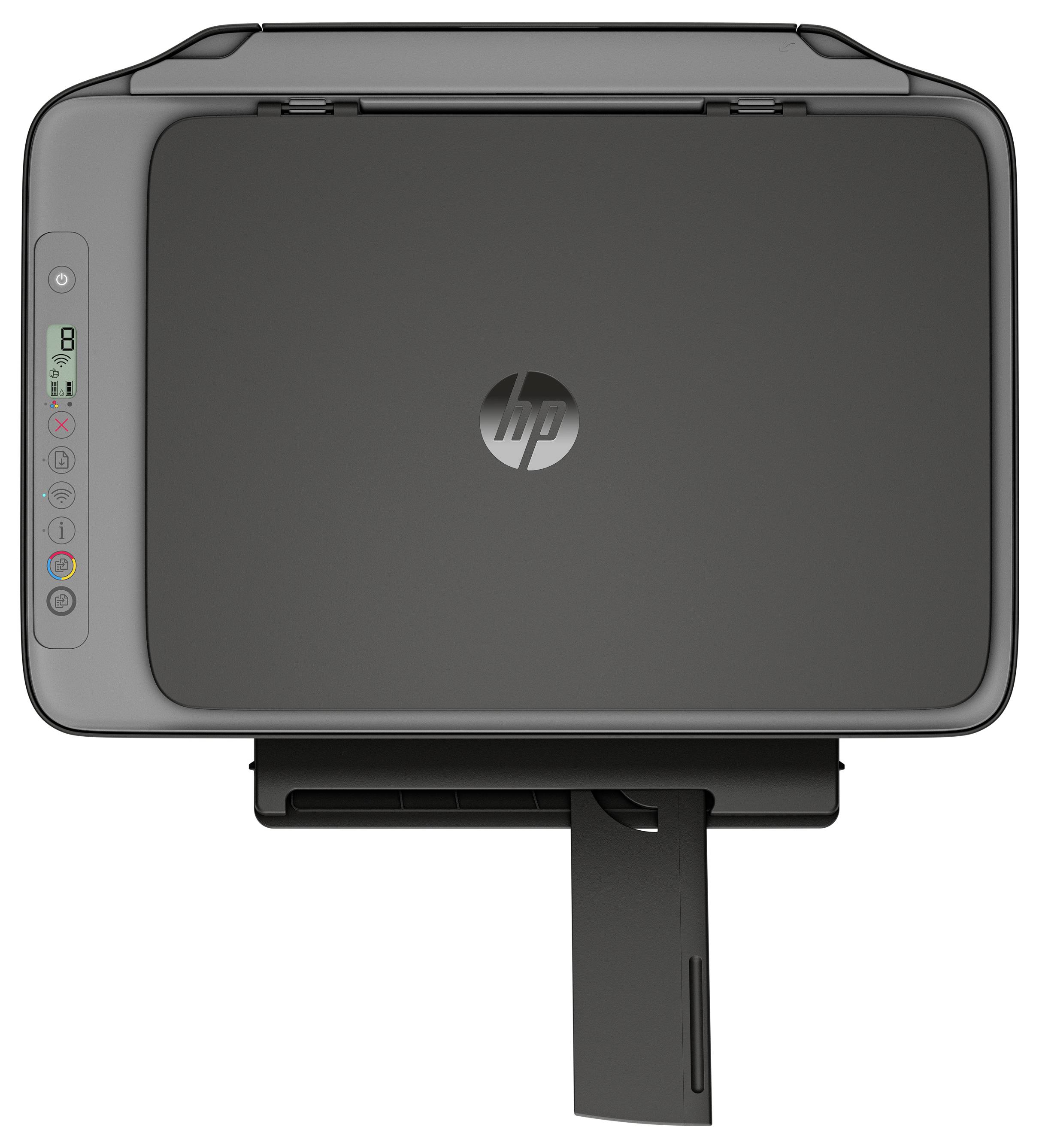 Eine Draufsicht auf einen geschlossenen schwarzen Drucker, der ein Logo zeigt, mit einem Bedienfeld auf der linken Seite und einer teilweise ausgefahrenen Papierschublade darunter.