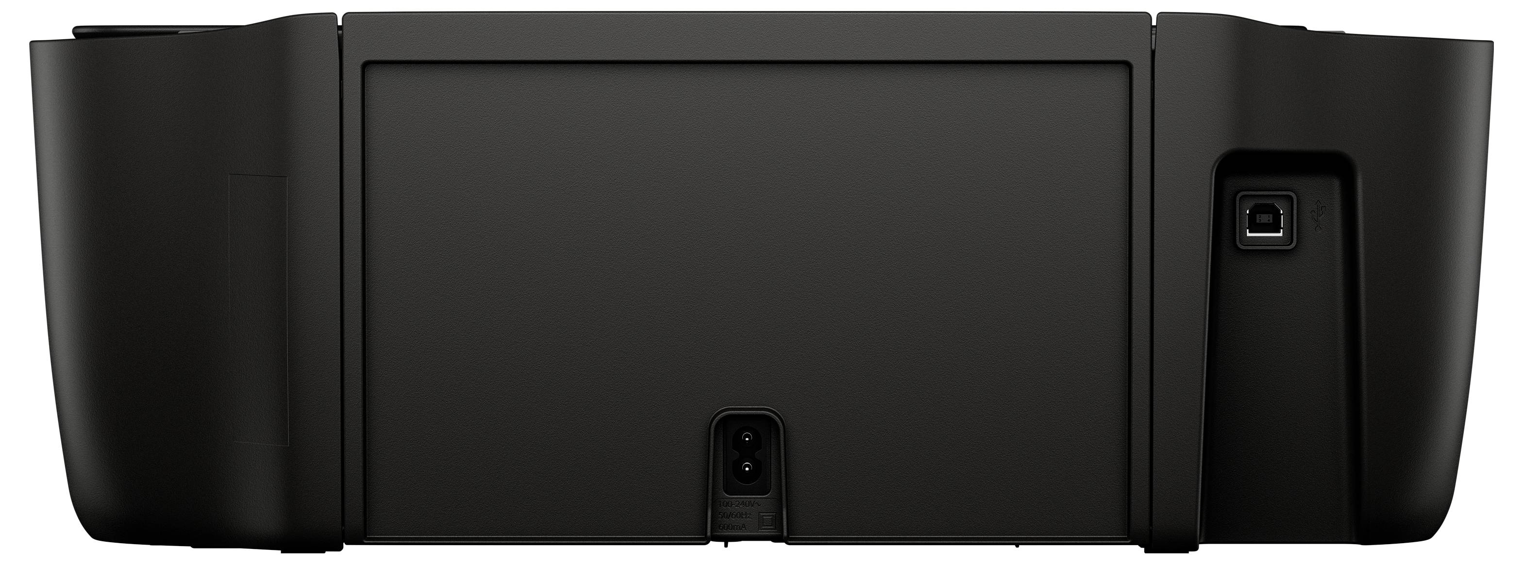 Rückansicht eines schwarzen Druckers mit Strom- und USB-Anschlüssen.