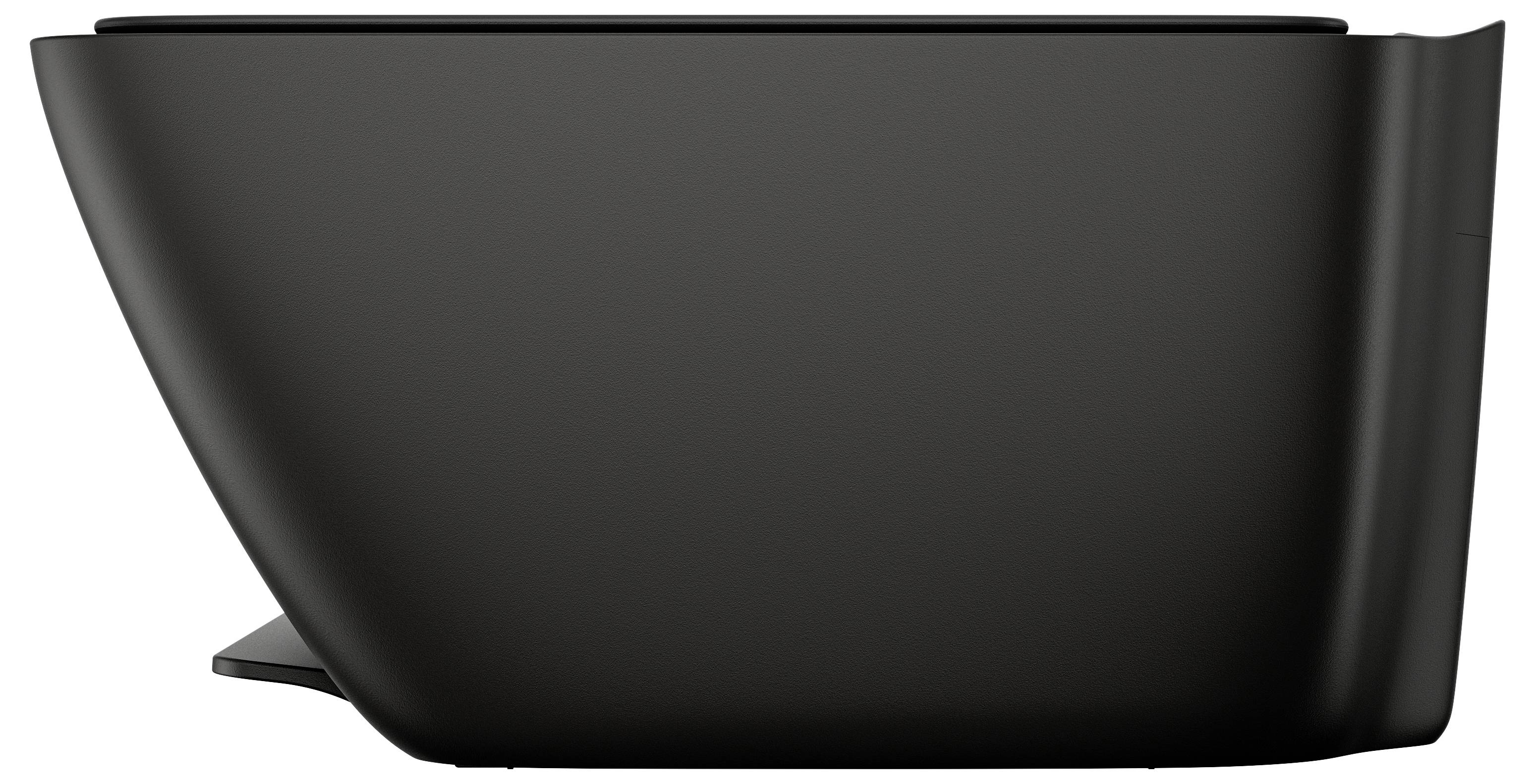 Eine schlanke, moderne schwarze Toilette mit glattem, abgerundetem Design, die eine Seitenprofilansicht zeigt.