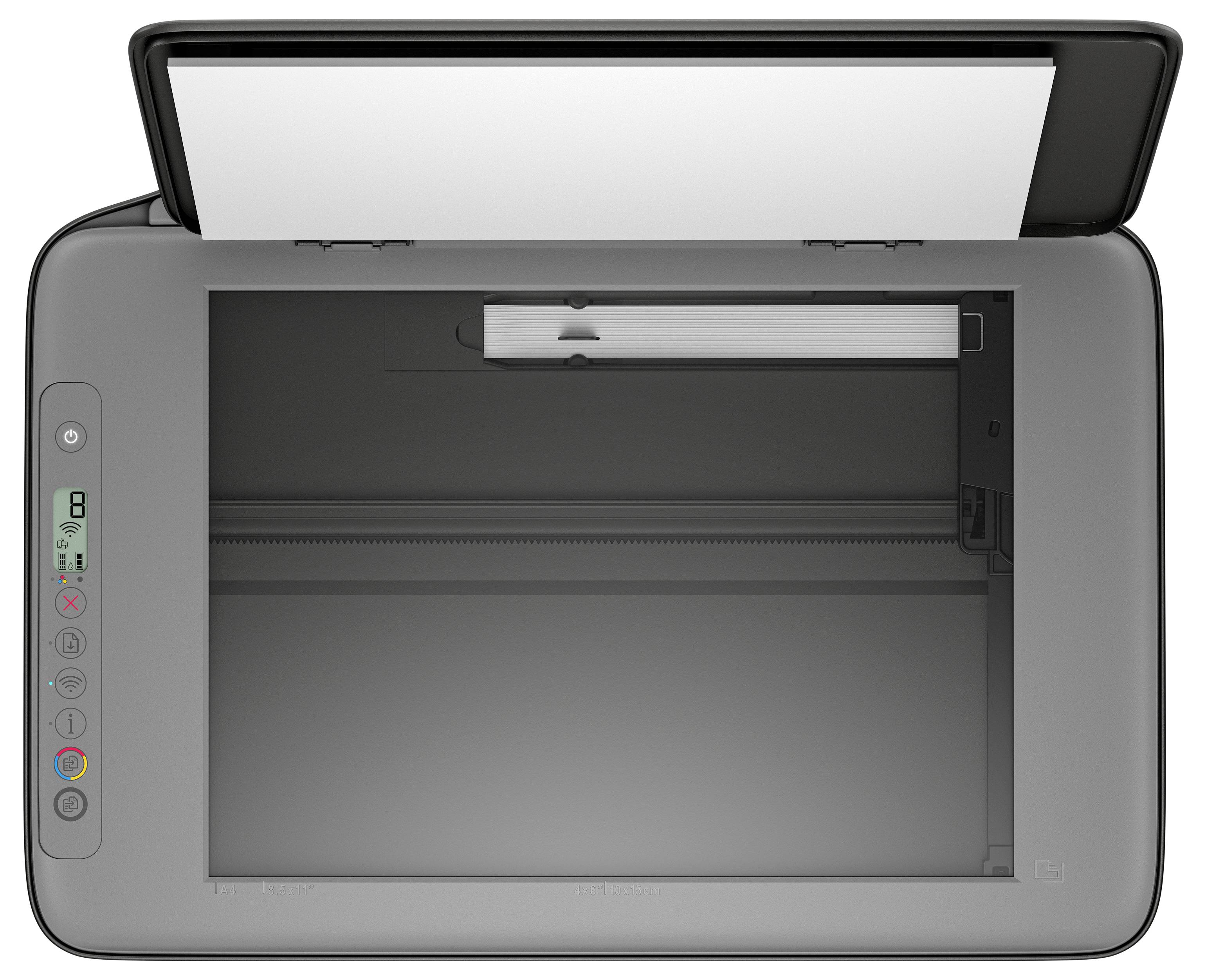 Offener Flachbettscanner/Drucker mit angehobenem Deckel, der das leere Glasscanningbett und ein vertikales Bedienfeld auf der linken Seite zeigt.