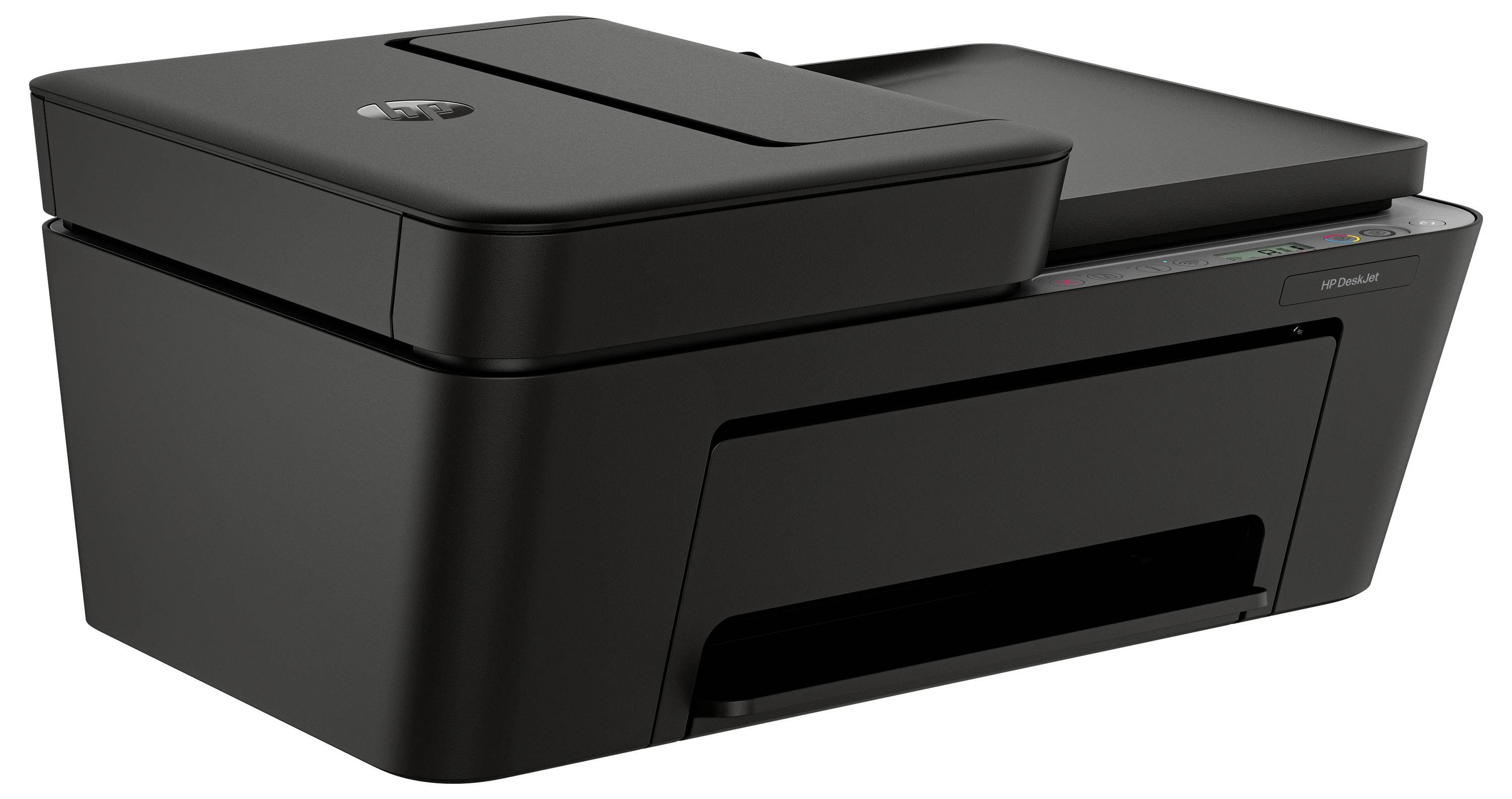 Schwarzer HP-Multifunktionsdrucker in einer Dreiviertelsicht dargestellt.