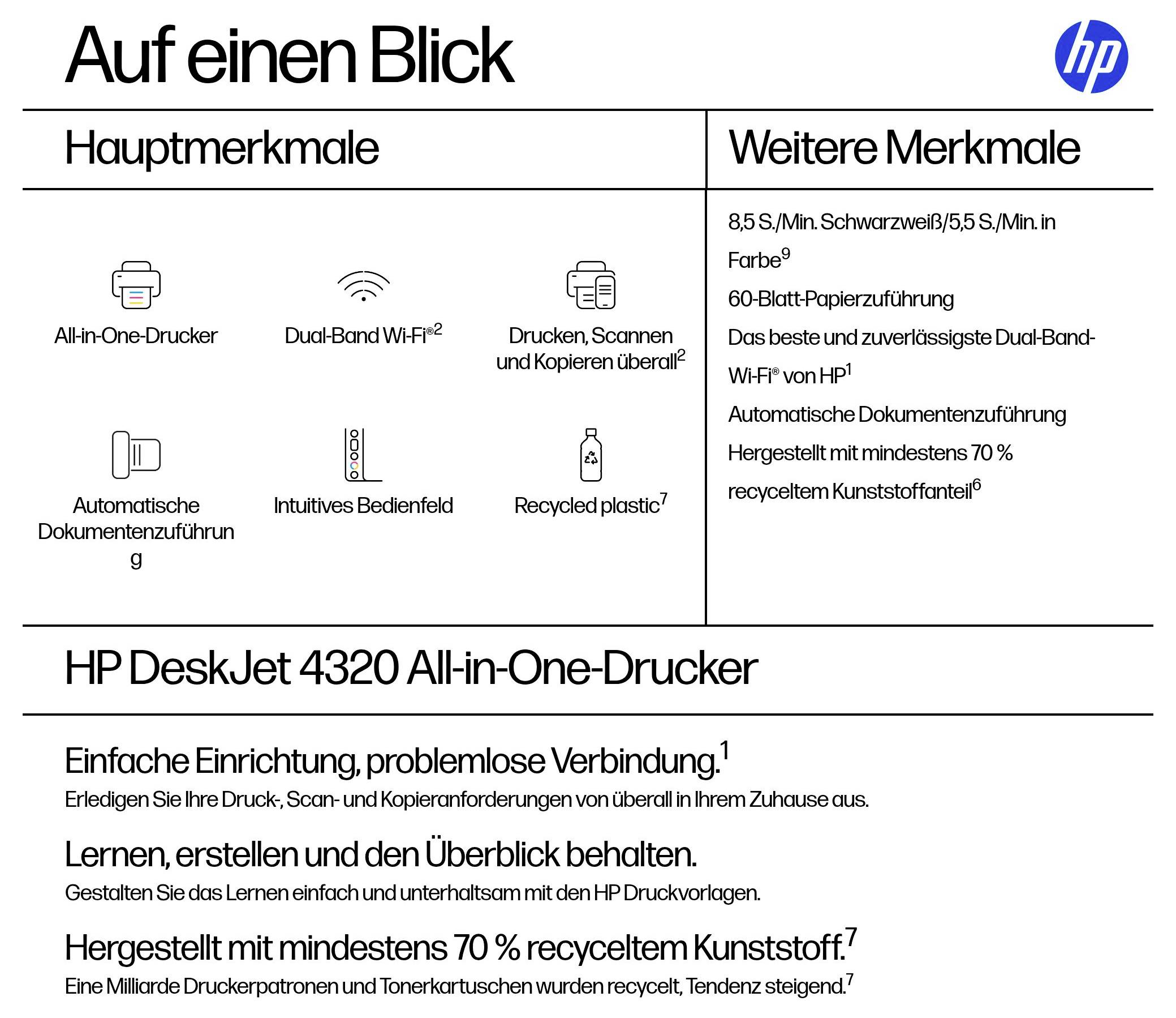 HP Deskjet 4320 Multifunktionsdrucker Tintenstrahl Farbe A4 Drucker, Scanner, Kopierer
